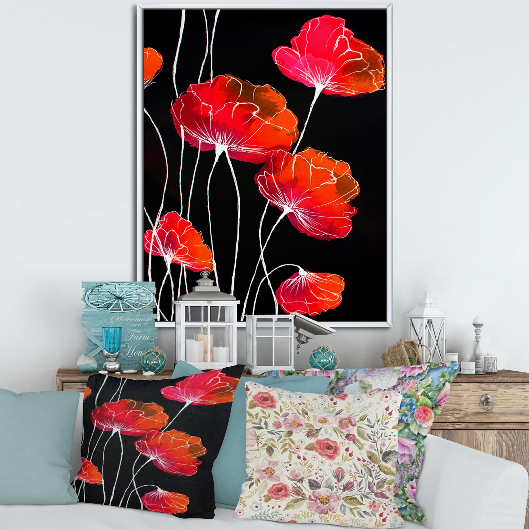 Abstract Red Flower on Black Canvas Wall Art Print - Traditional Framed Home Decor for Living Room, Bedroom & Office | DesignQ