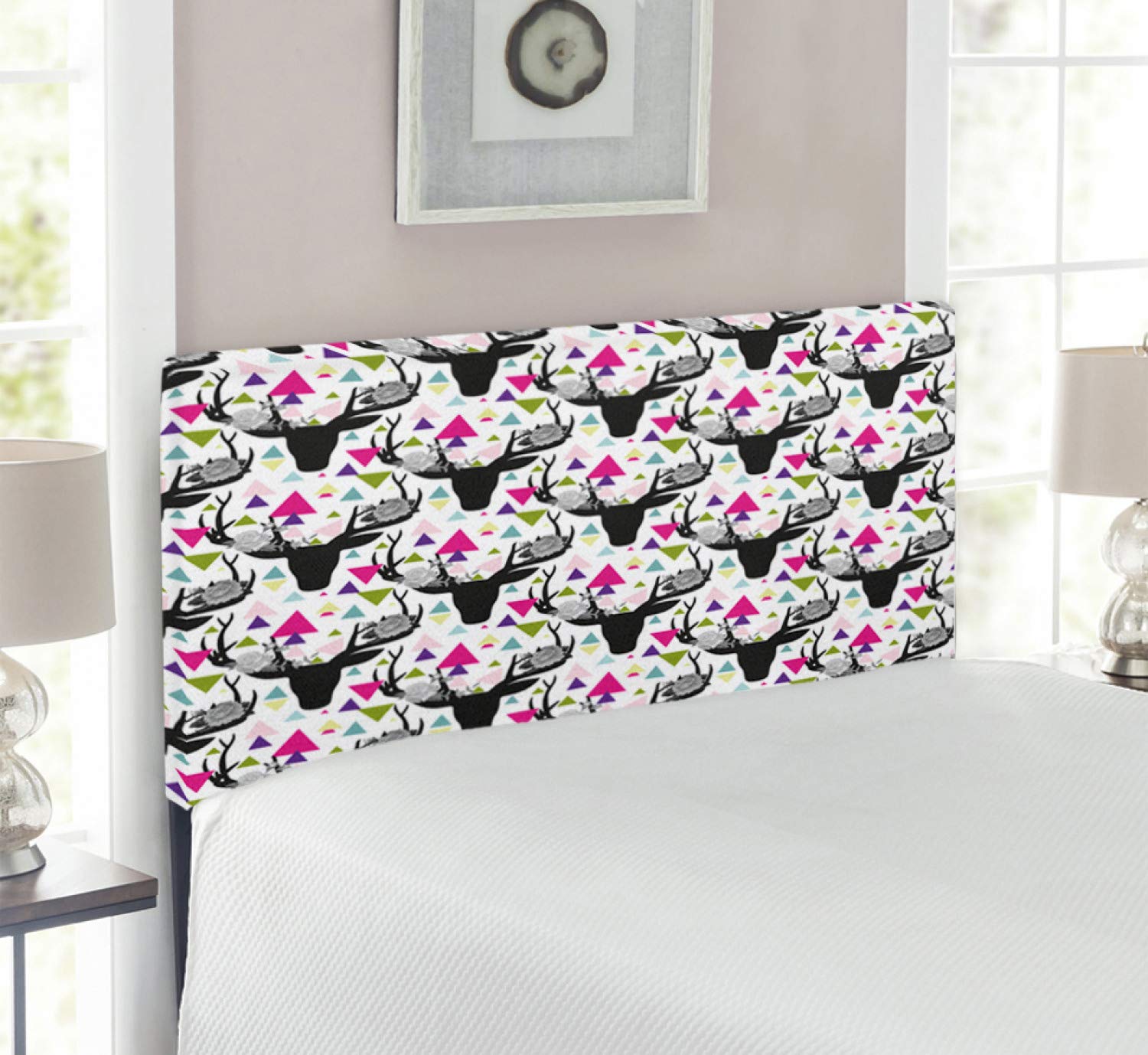 Ambesonne Twin Size Upholstered Deer Headboard - Geometric Colorful Triangles with Dark Animal Silhouette & Antlers, Memory Foam Decorative Metal Bed Frame for Kids Room, Nursery or Bohemian Bedroom Decor