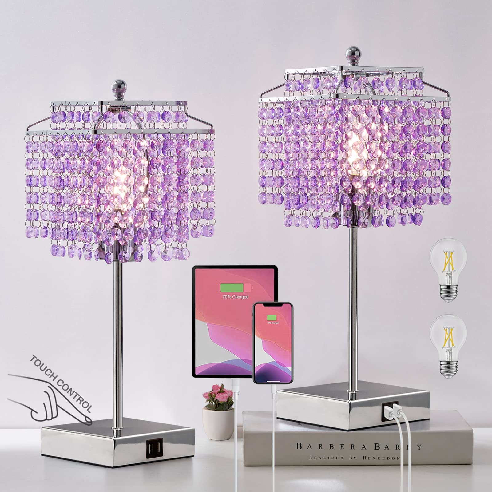 Crystal Table Lamp with USB Ports & Floor Lamp Set of 2 - Modern Lighting for Living Room, Bedroom, Office (Purple) | Elegant Home Decor & Workspace Lighting Solution