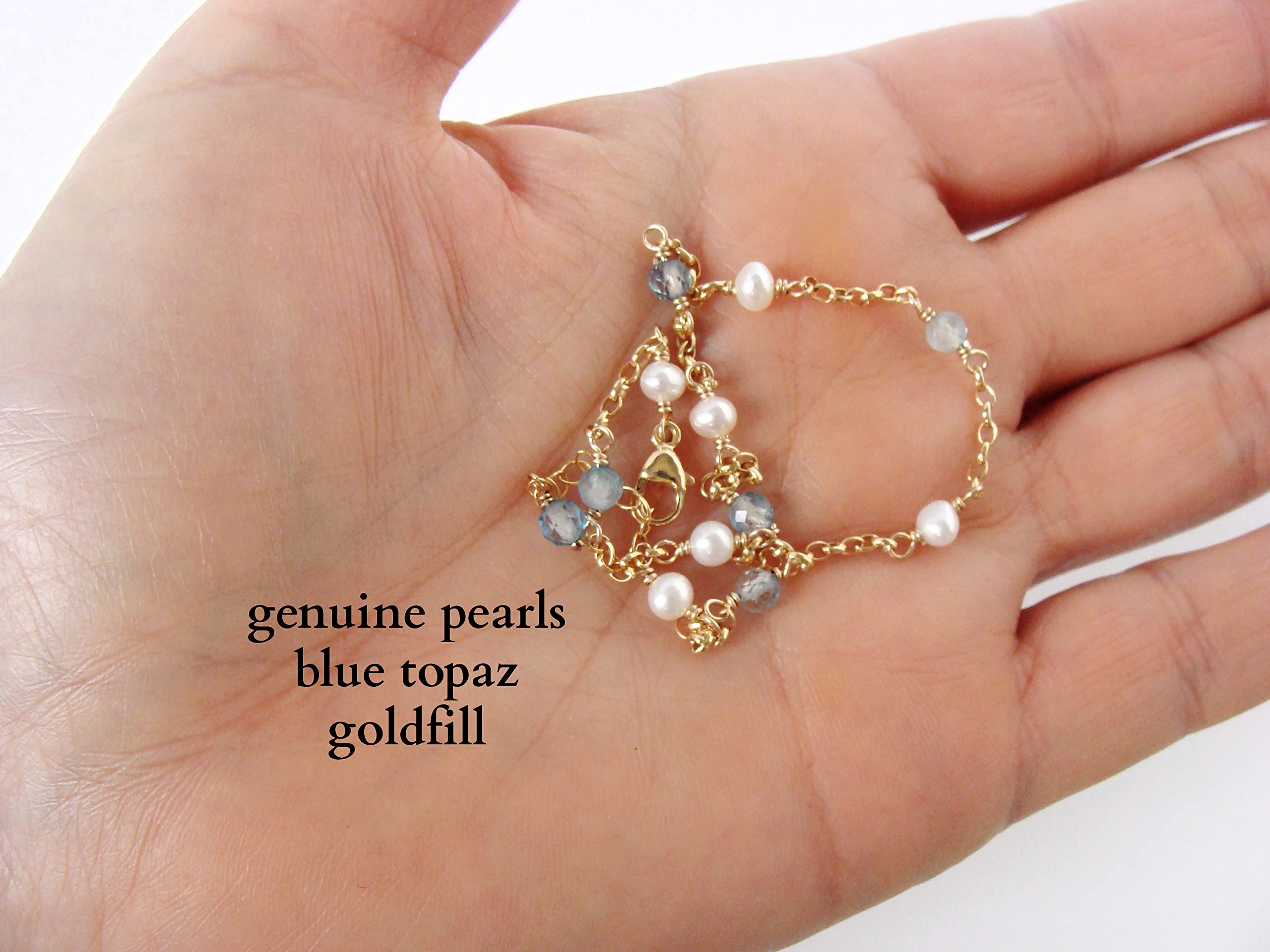Gold Blue Topaz Pearl Anklet - Adjustable Gold-Filled Handmade Jewelry with Genuine Gemstones | Perfect for Weddings, Beach Vacations & Boho Fashion
