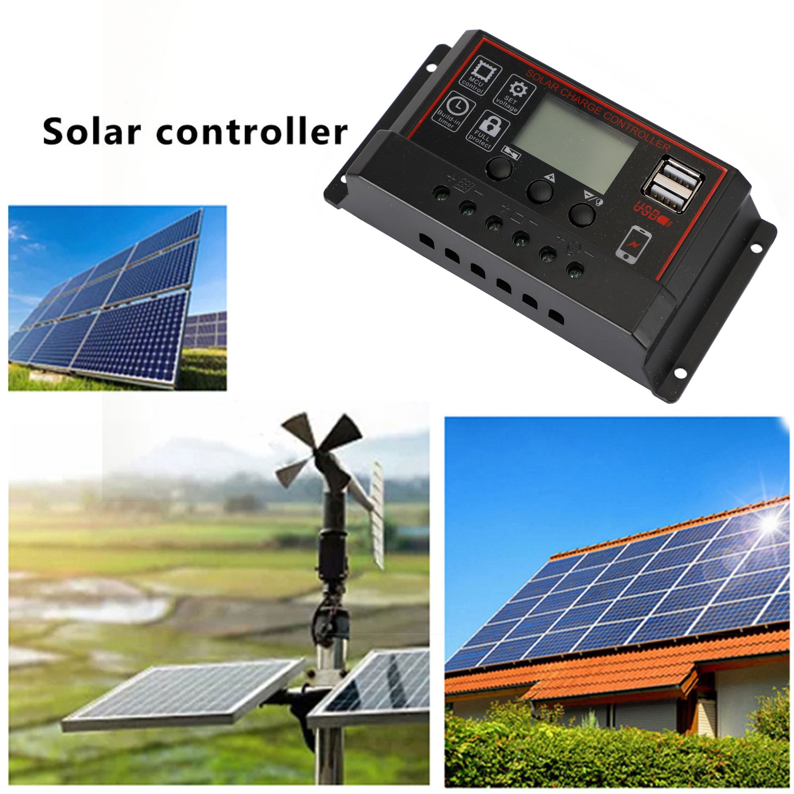 10A/20A/30A Solar Charge Controller with PWM & LCD Display - Dual USB Ports for 12V/24V Solar Panels - Perfect for RV, Boat, Off-Grid & Home Solar Systems