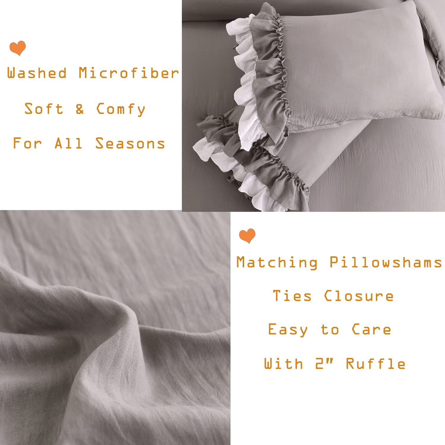 Masaca Ruffle Queen Comforter Set - Grey White Shabby Chic Boho Farmhouse Bedding with 1 Comforter & 2 Pillowcases for Cozy Bedroom Decor | Perfect for Guest Rooms, Master Bedrooms & Airbnb Stays
