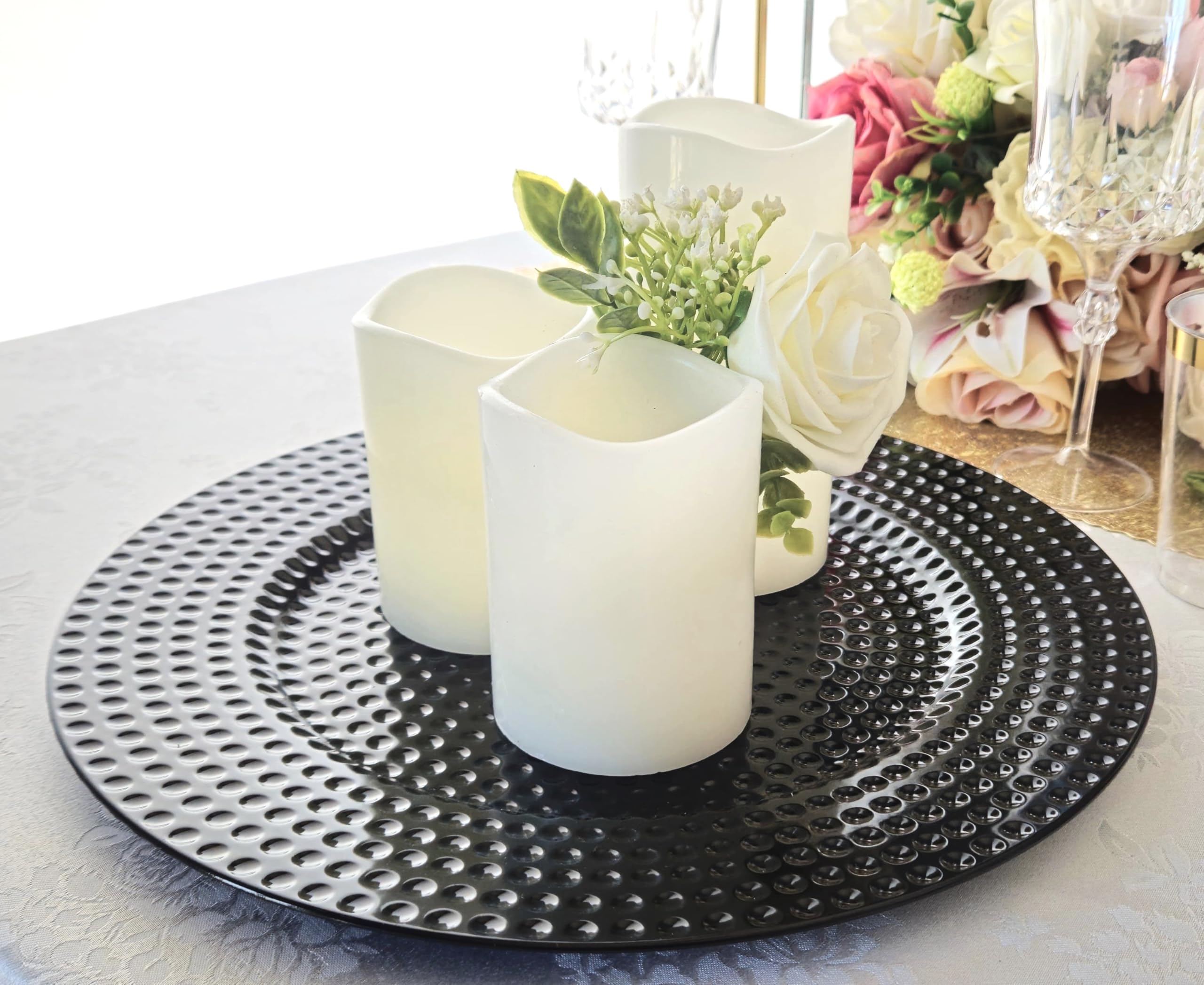 40-Piece 13-Inch Round Acrylic Charger Plates for Weddings & Dinner Parties - Hammered Black Finish - Elegant Table Decor for Formal Events, Banquets, and Holiday Gatherings