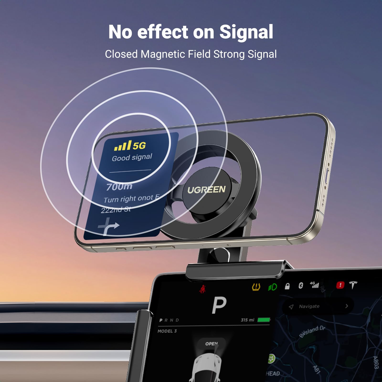UGREEN Magnetic Car Phone Mount for Tesla Model 3/Y/S/X - Strong Magsafe Holder Compatible with iPhone 16/15/14/13 Pro Max Plus Series - Perfect for Hands-Free Driving & Navigation
