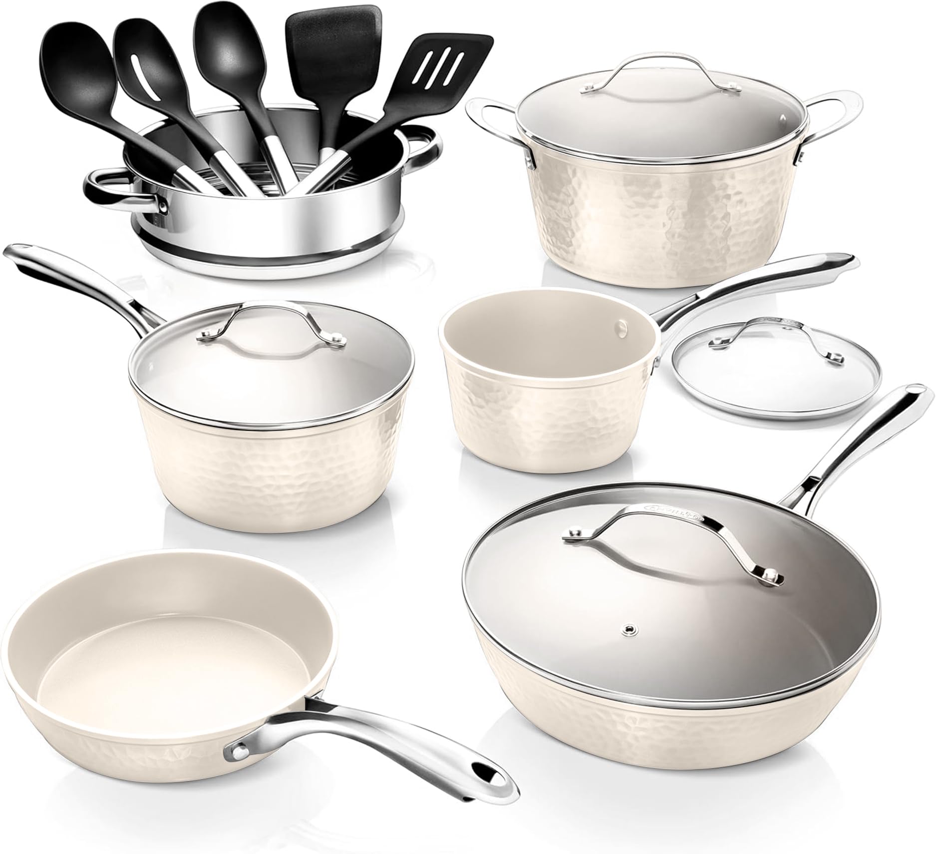 GOTHAM STEEL Hammered 15-Piece Ceramic Nonstick Cookware Set - Pots & Pans for Kitchen with Utensils, Oven & Dishwasher Safe, Non-Toxic - Perfect for Frying, Boiling, Baking & Everyday Cooking