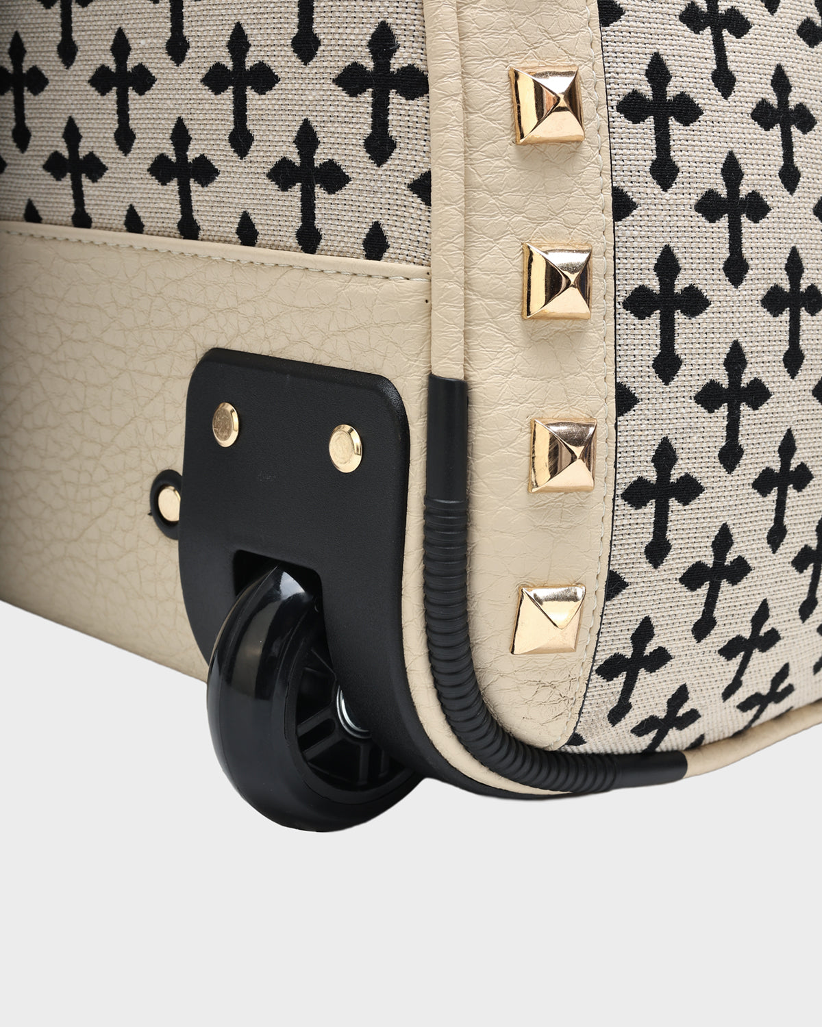 **Cream White Cross Spiked Rolling Duffle Bag - Stylish Travel Luggage for Gym, Weekend Trips & Airplane Carry-On**