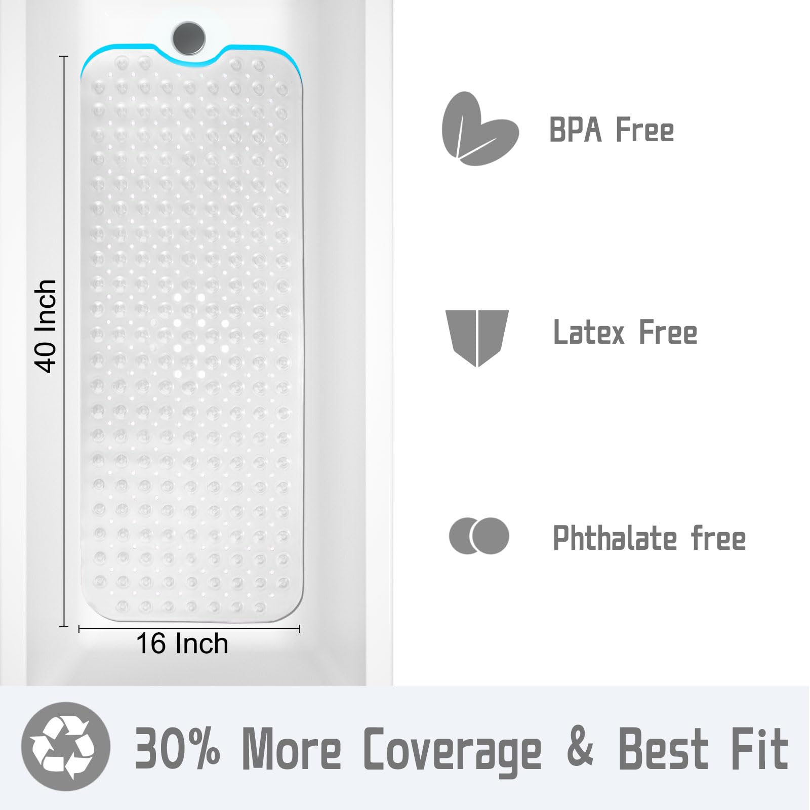 Yimobra Non-Slip Shower Mat for Bathtub - 40 x 16 Inch Phthalate & Latex Free Bath Mat with Strong Suction Cups & Drain Holes - Machine Washable Clear Tub Floor Mat for Bathroom Safety - Perfect for Elderly, Kids & Wet Areas