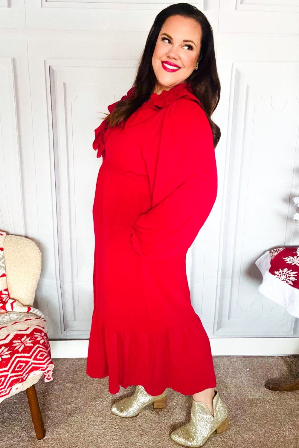 Elegant Holiday Red Overlap Ruffle V-Neck Midi Dress for Women | Christmas Party, Cocktail Event & Special Occasion Outfit