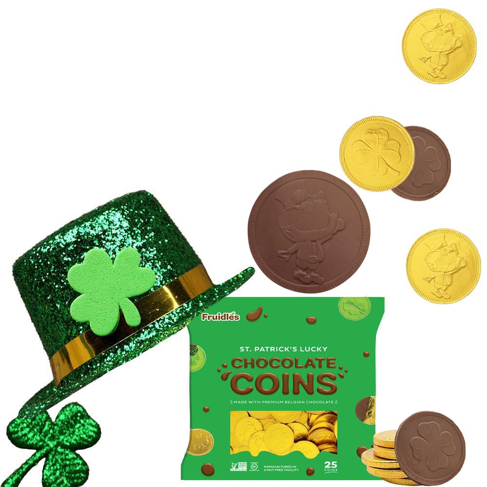 St. Patrick's Day 25 Gold Shamrock Chocolate Coins - Belgian Milk Chocolate Clover Coins in Foil Wrapping, Nut-Free (25-Pack) - Perfect for Party Favors, Classroom Treats & Holiday Celebrations