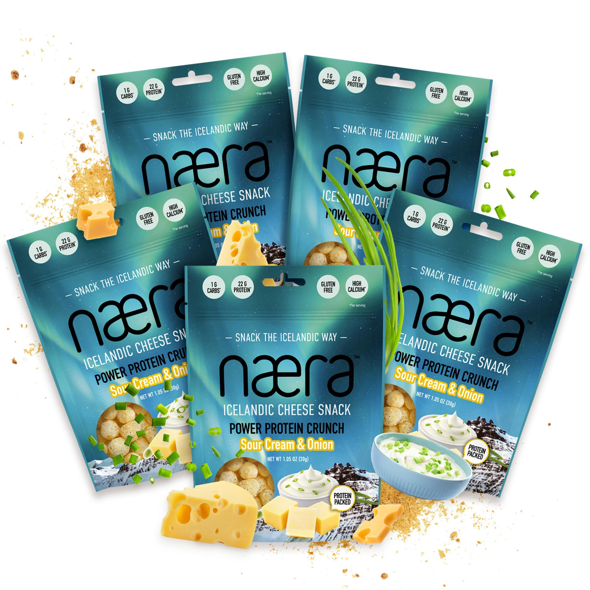Næra Icelandic - 5-Pack Sour Cream & Onion 100% Cheese Protein Snacks | Keto, Gluten-Free, High Protein, All-Natural | Crunchy Power Snack for Adults & Kids (1.05 oz Each) | Perfect for On-the-Go, School Lunches & Low-Carb Diet