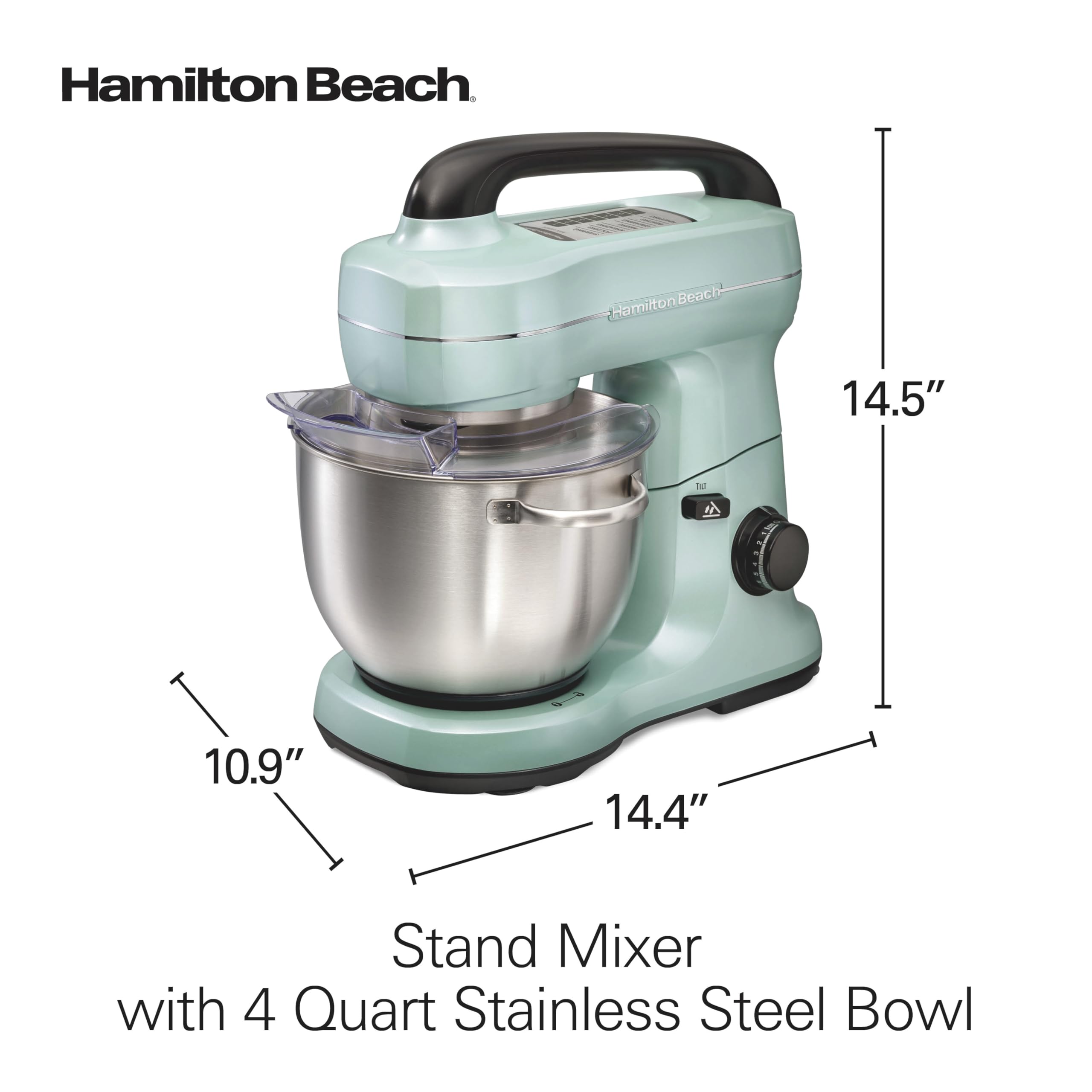Hamilton Beach 4-Quart Electric Stand Mixer with Dough Hook, Flat Beater & Whisk - 7 Speed Settings & Splash Guard - Perfect for Baking Cakes, Cookies & Bread Dough (Aqua)
