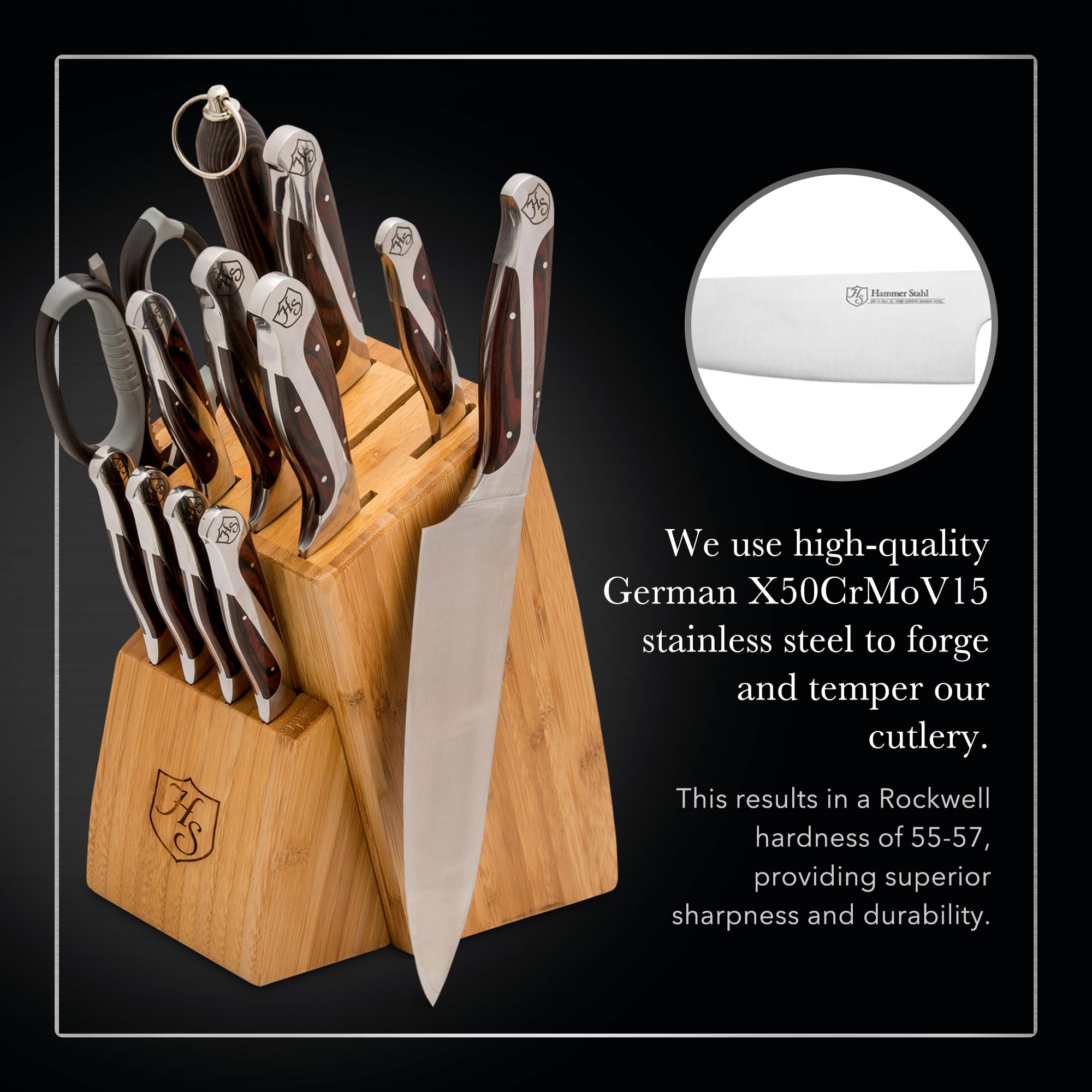 Premium Hammer Stahl 12-Piece Knife Block Set – Stainless Steel Kitchen Cutlery with Chef, Santoku, Bread, Steak & Paring Knives + Shears – Essential Sharp Knives for Home Cooking, Slicing, Dicing & Food Prep