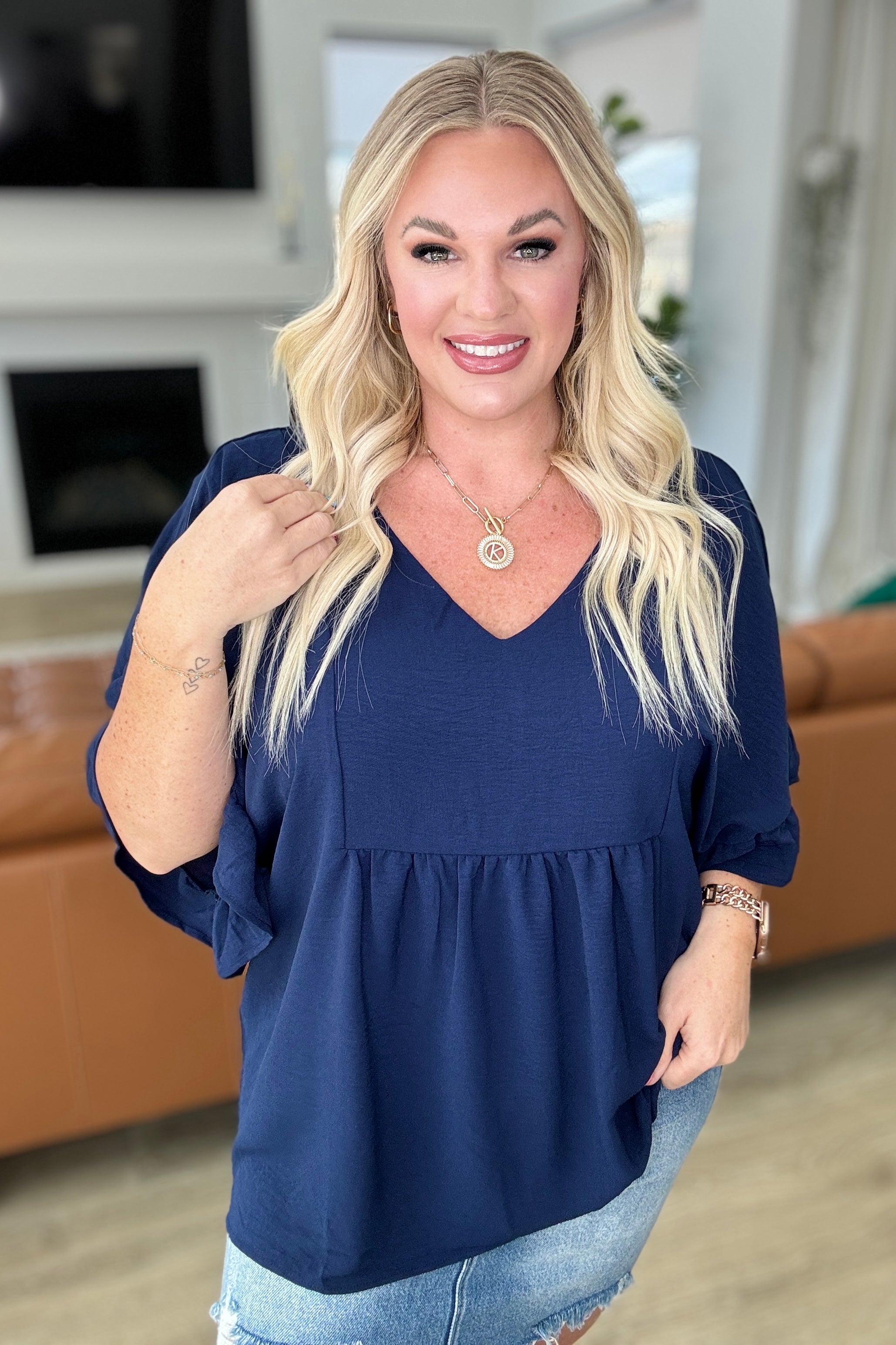 Navy Airflow Peplum Ruffle Sleeve Blouse - Breathable Summer Women's Top for Casual Outings & Date Nights