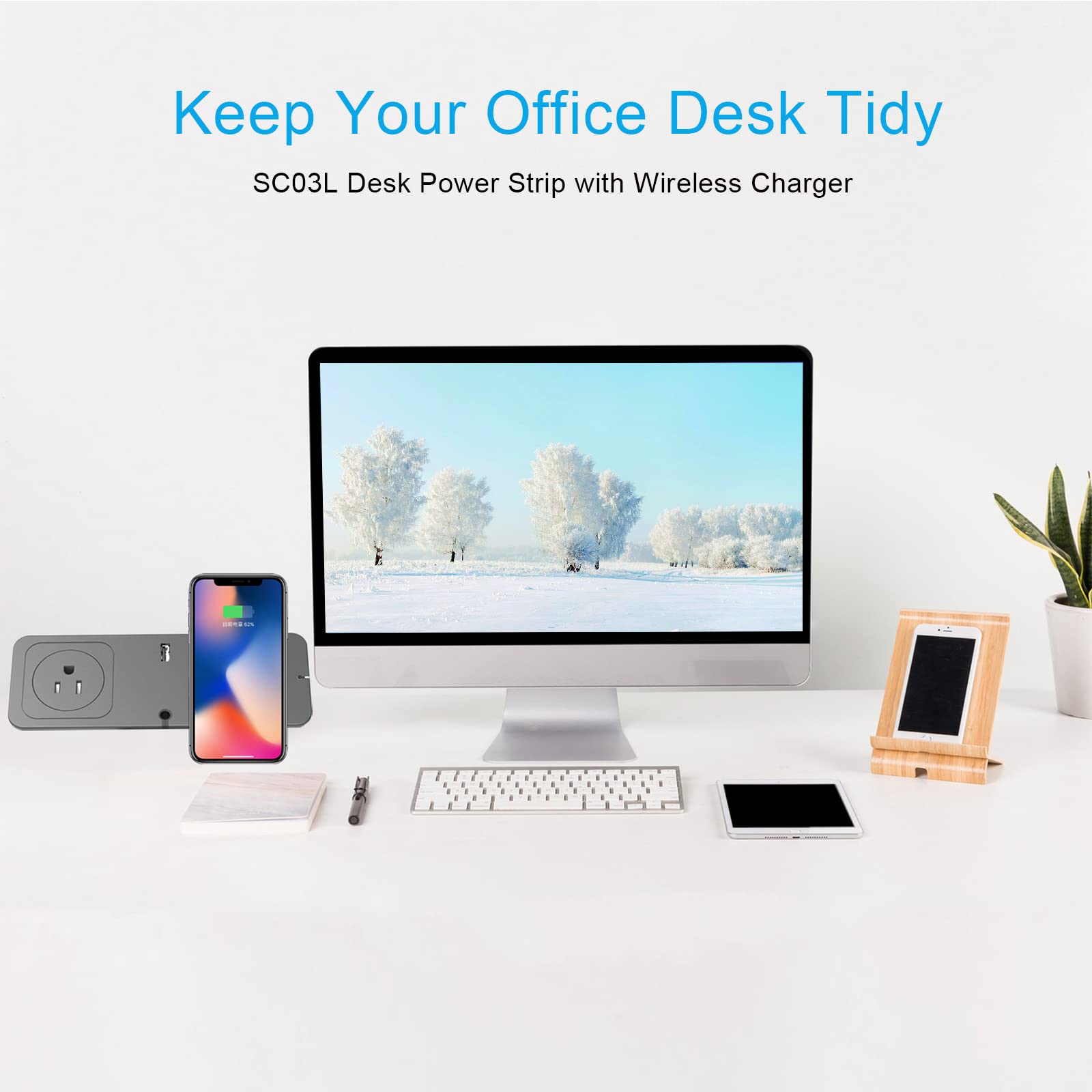 Desk Clamp Power Strip with USB C & Wireless Charger - 2 AC Outlets, 2 USB Ports, 15W Wireless Charging Station, 20W PD Fast Charging - Surge Protector for Home Office Desk (Fits 2.16
