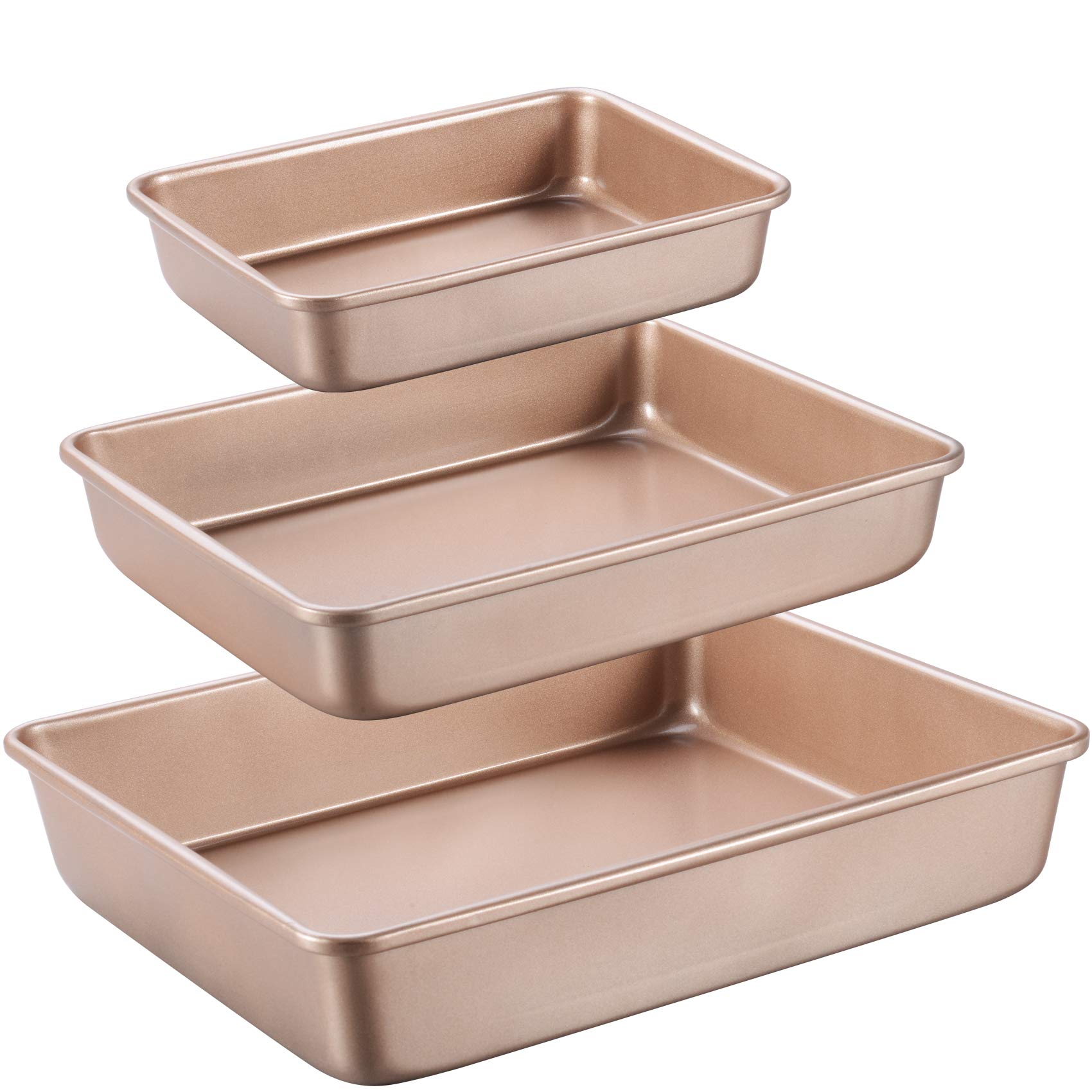 Nonstick Deep Baking Pan Set - 3 Piece Rectangular Cake Bakeware for Oven, Gold (Perfect for Cakes, Brownies & Sheet Pan Meals)