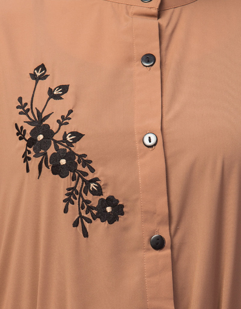 Elegant Black Embroidered Arabic Front Open Casual Abaya in Skin Color - Perfect for Daily Wear, Prayer, and Special Occasions