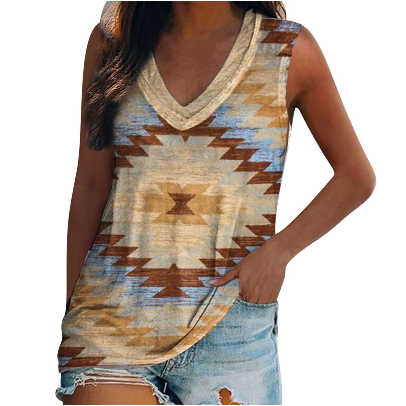 NIUQI Women's Sleeveless Aztec Tank Top - Summer Casual Western Style for Outdoors