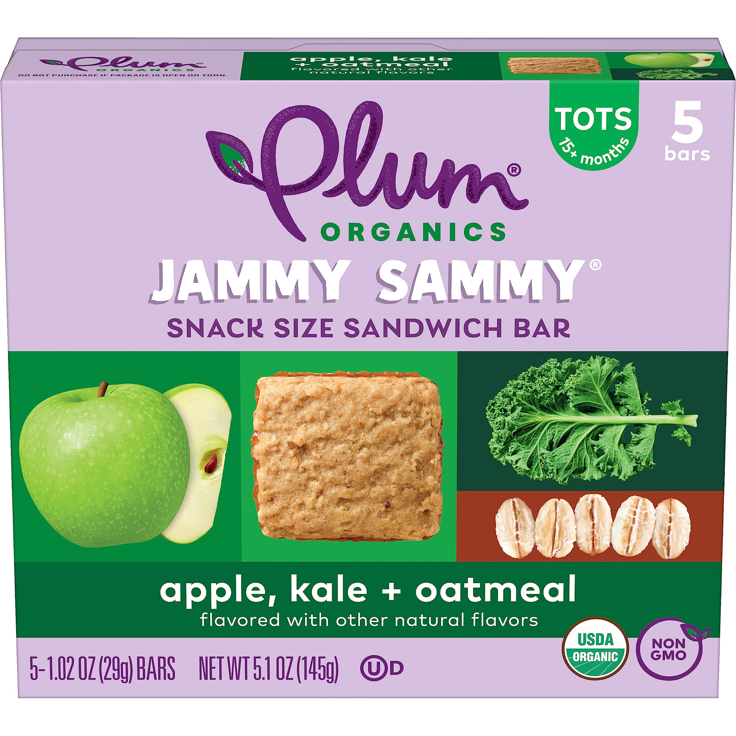 Organic Toddler Snack Bars - Plum Jammy Sammy Apple Kale Oatmeal - Pack of 30 for On-the-Go