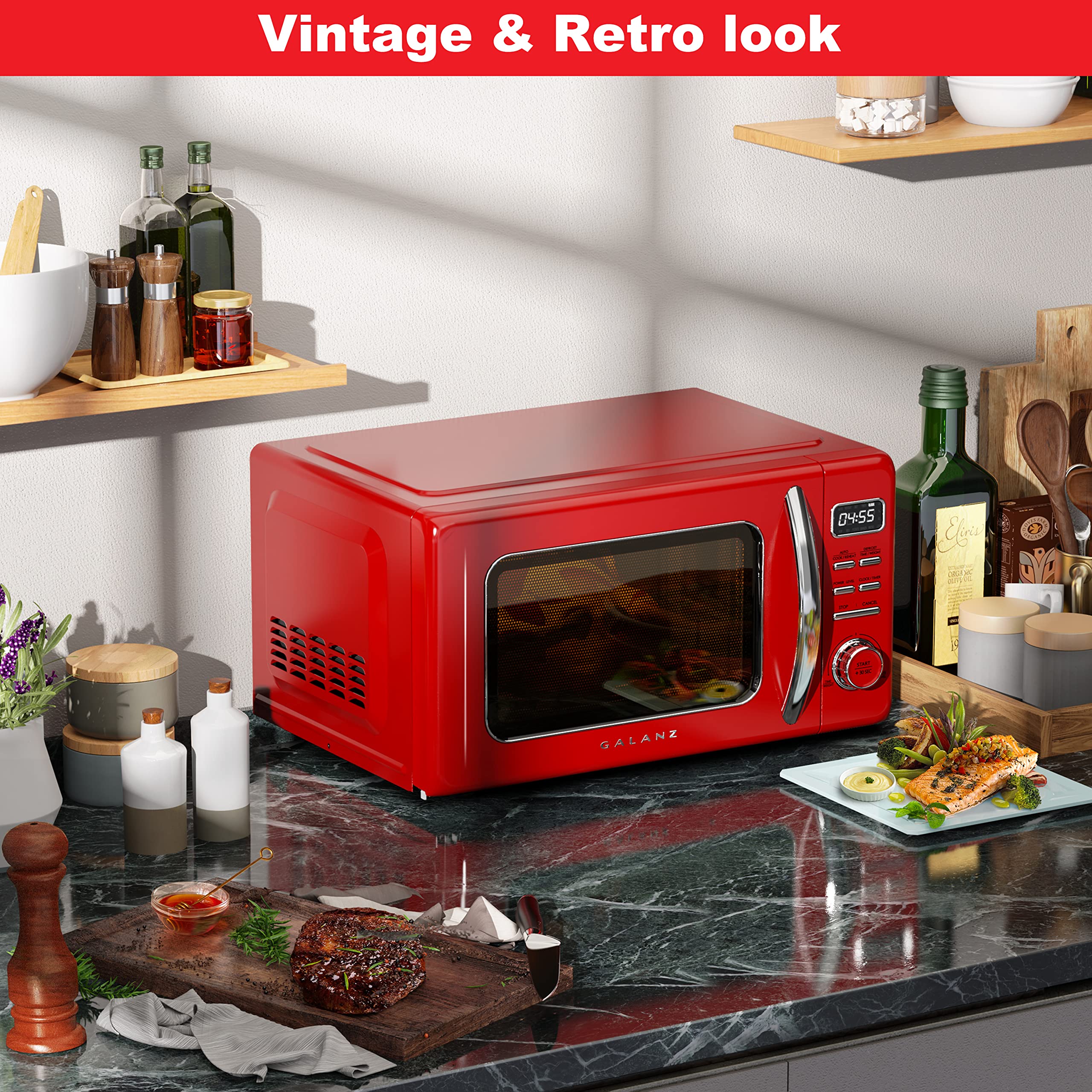 Galanz 1.1 Cu Ft Retro Red Microwave Oven with Auto Cook, Reheat & Defrost - Quick Start, Easy Clean Glass Turntable, Pull Handle - Perfect for Small Kitchens, Dorms & Office Break Rooms