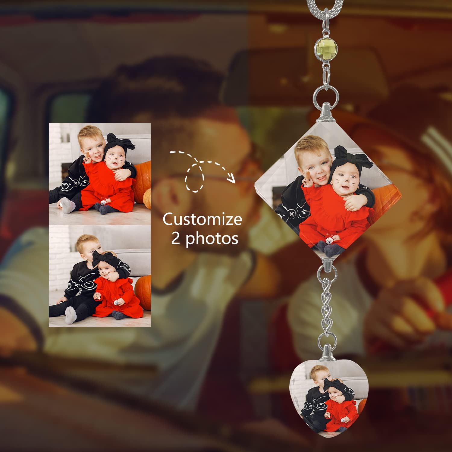 Custom Car Hanging Photo Frame - Personalized 2-Picture Crystal Ornament for Rearview Mirror | Unique Car Decoration & Best Daddy Day Gift | Perfect for Family Photos, Road Trips, and Special Occasions