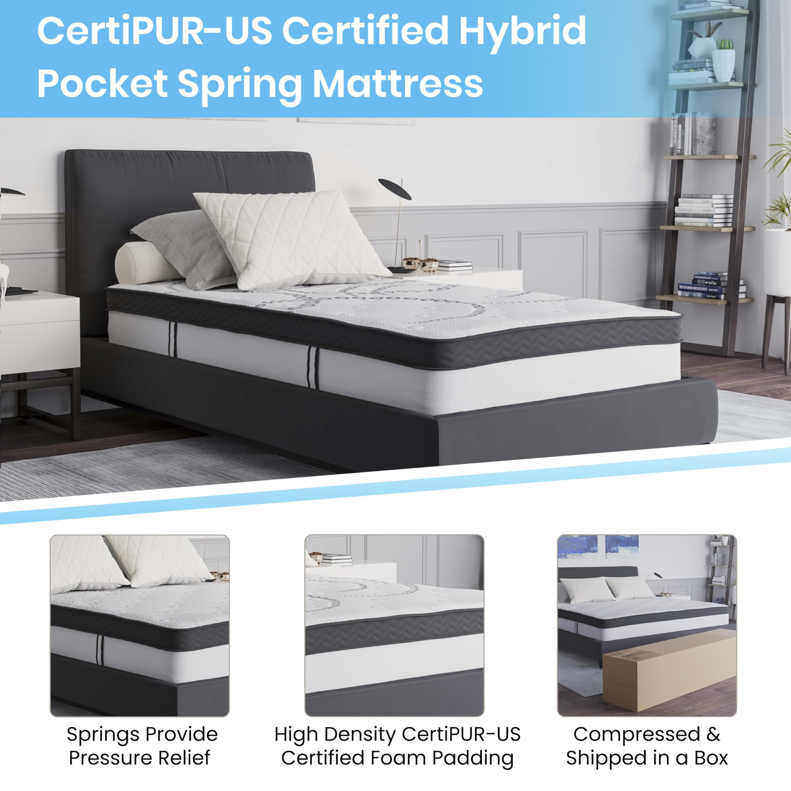 EMMA + OLIVER Astor 10 Inch Hybrid Pocket Spring Mattress - Twin Size, Bed in a Box for Easy Setup | Perfect for Guest Rooms, Kids' Rooms & Small Spaces