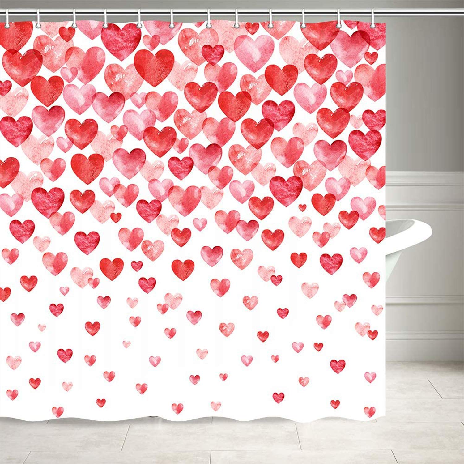 Valentine's Day Shower Curtain with Falling Red Hearts - Watercolor Heart Design Fabric Bathroom Decor Set with 12 Hooks (69x70 Inches) - Perfect for Romantic Bathroom Decor, Couples Gift & Valentine's Day Celebration