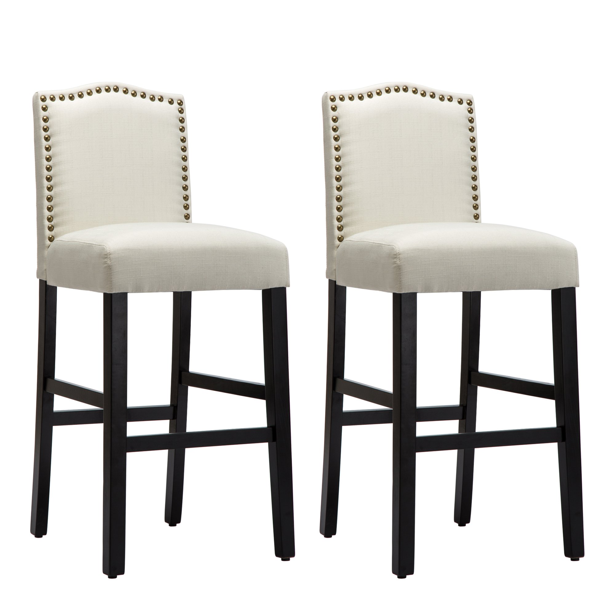 NOBPEINT 29 Inch Bar Stools Set of 2 - Beige Upholstered Fabric with Nail Head Studs - Perfect for Kitchen Island, Breakfast Nook & Home Bar Decor