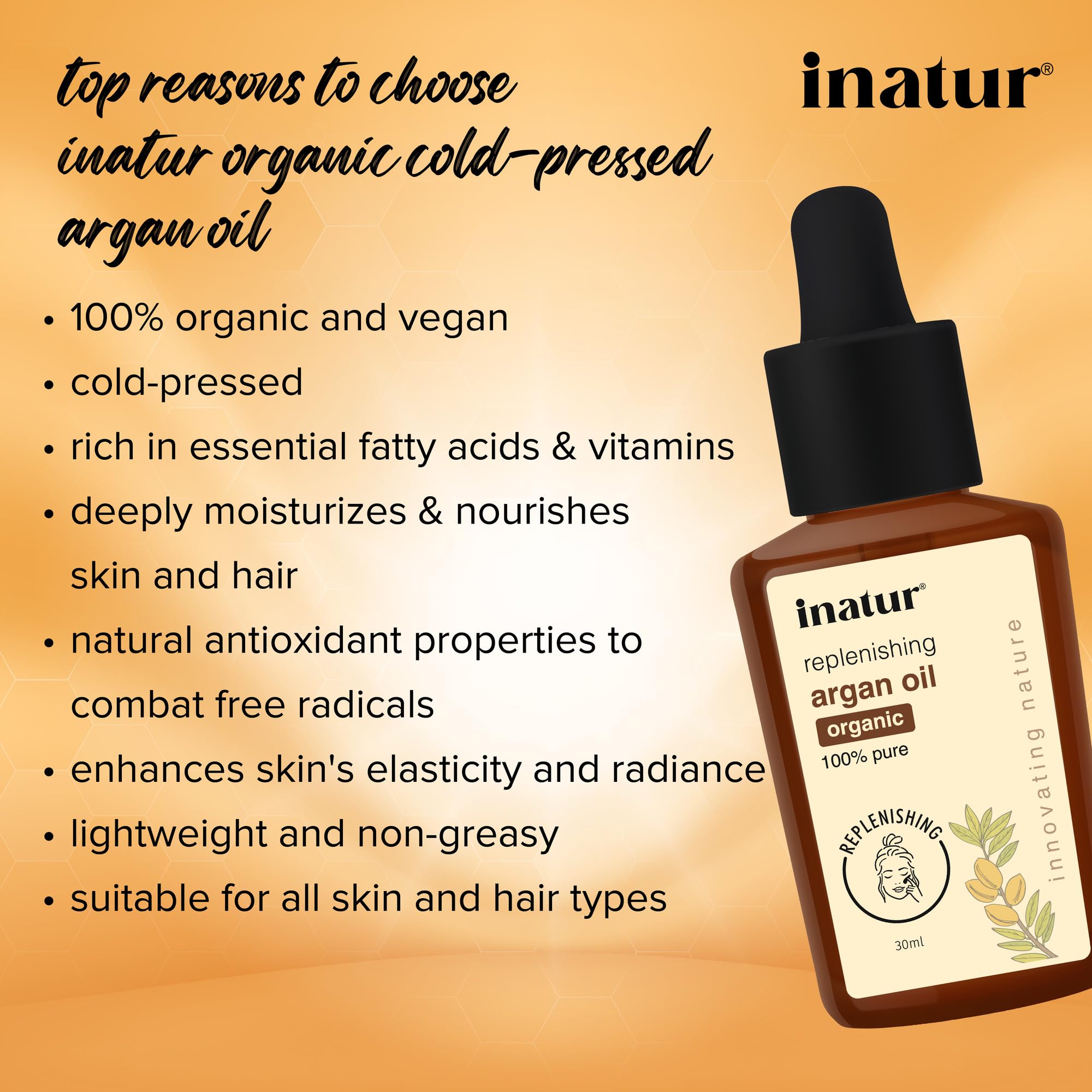 Organic Cold Pressed Argan Oil for Hair & Skin - 100% Pure Natural Moisturizer with Vitamin E | Hydrates, Nourishes & Repairs Dry Hair & Face | 30ml Bottle | Perfect for Daily Hair Care, Facial Treatment & Massage Therapy