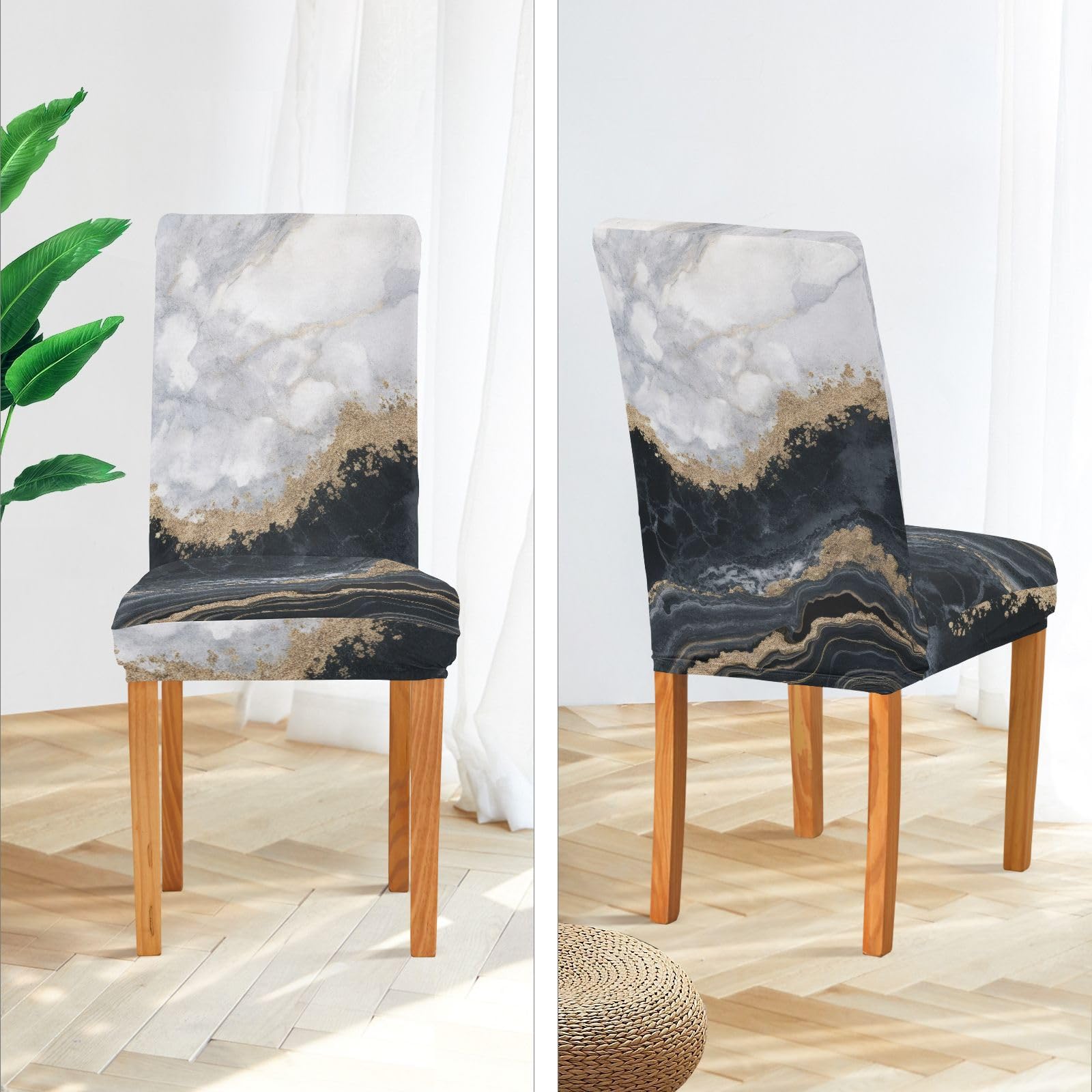 Universal Dining Chair Covers 4-Piece Set - Black White Gold Marble Pattern Washable Slipcovers for Kitchen, Dining Room & Party Decor - Protective Seat Covers for Home, Restaurant & Event Use