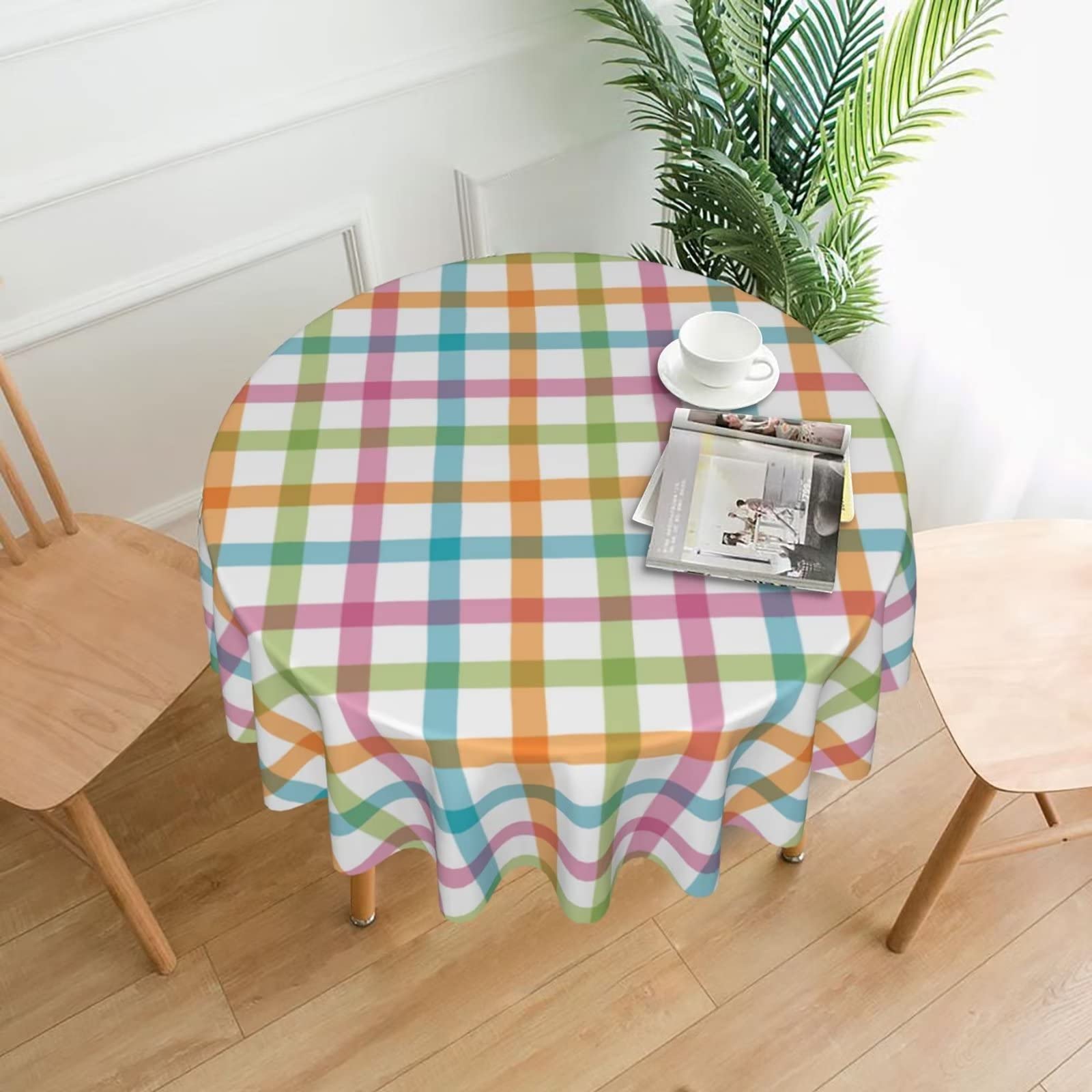 60 Inch Round Spring Plaid Easter Tablecloth - Pink Blue Green Checked Waterproof Washable Polyester Table Cover for Kitchen, Dining Table, Picnic & Easter Party Decorations | Perfect for Holiday Gatherings, Outdoor Events & Home Decor