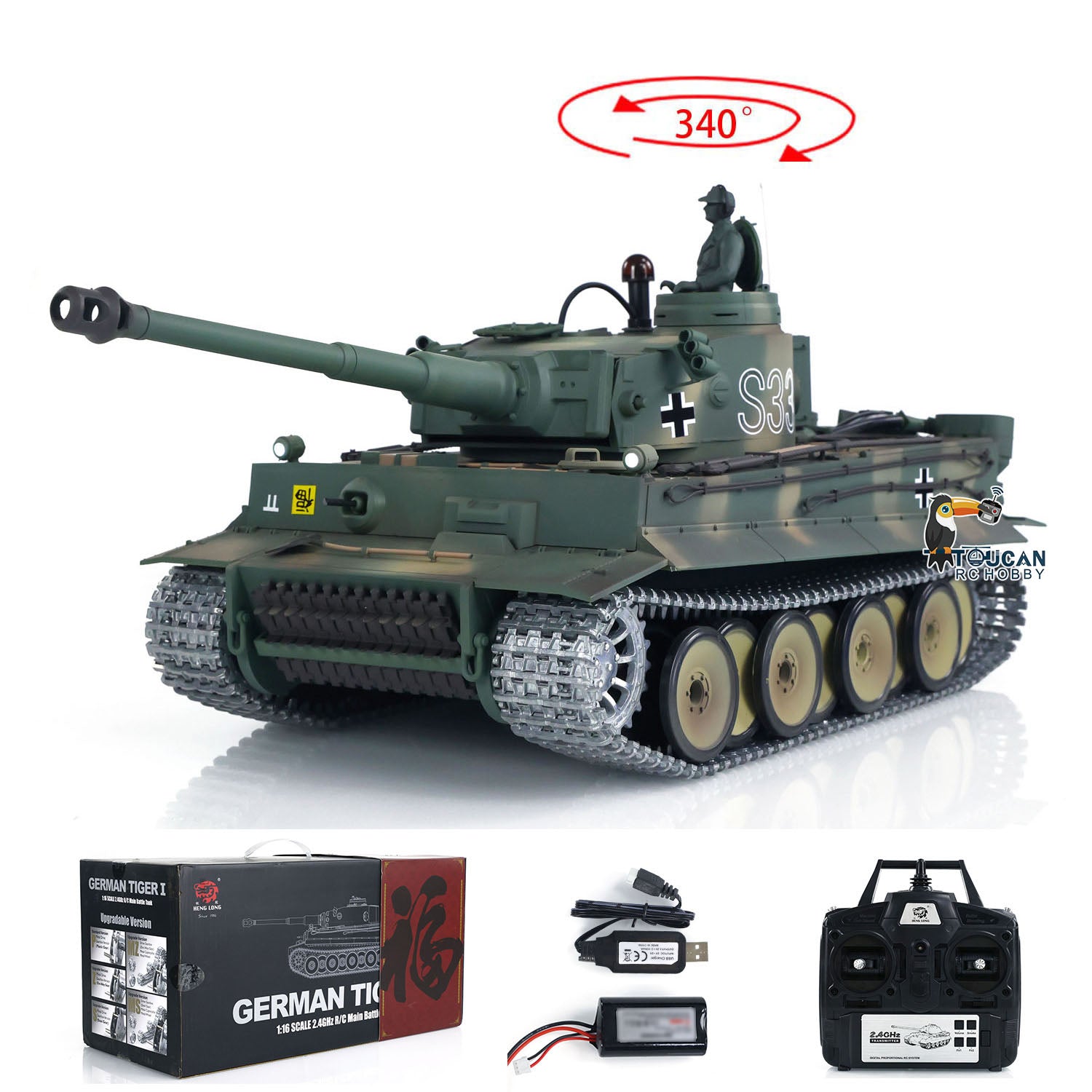 1:16 Henglong 7.0 German Tiger I RTR RC Tank with Metal Tracks, BB Shooting, Infrared Battle & Smoke Effects - 340° Rotating Turret - Perfect for Military Enthusiasts, Collectors and RC Tank Battles