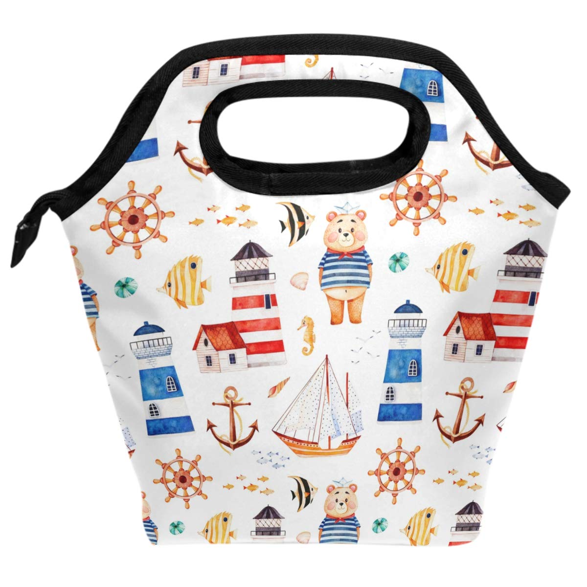 **Insulated Reusable Lunch Bag for Women & Kids - Nautical Anchor & Lighthouse Design, Cooler Tote for School, Office, Picnic & Meal Prep - Perfect for Work, Travel & Outdoor Activities**