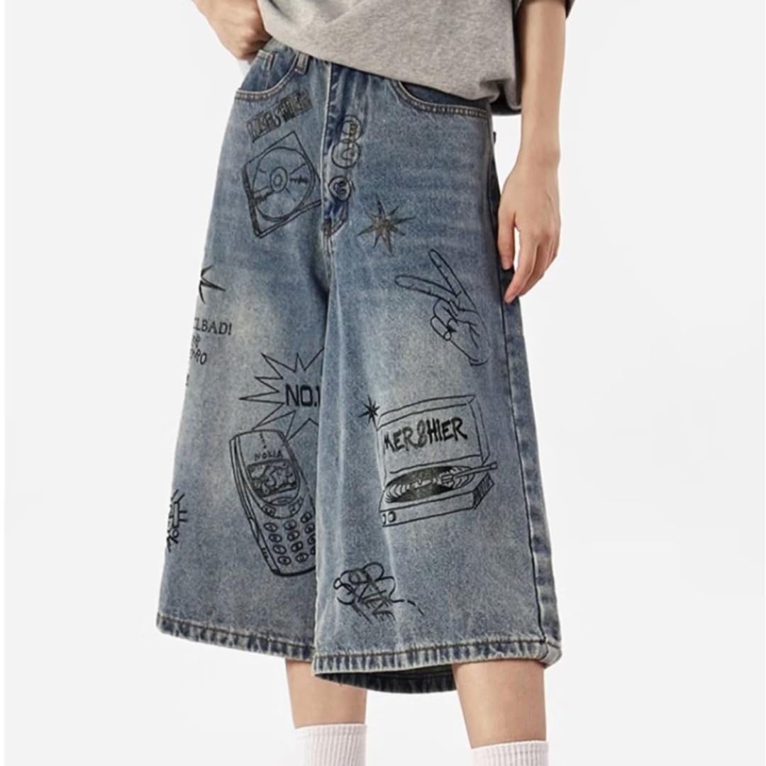 Y2K Jean Jorts - Graffiti Baggy Casual Loose Straight Wide Leg Denim Shorts for Women | Hip Hop Streetwear | Perfect for Music Festivals, Concerts & Urban Fashion