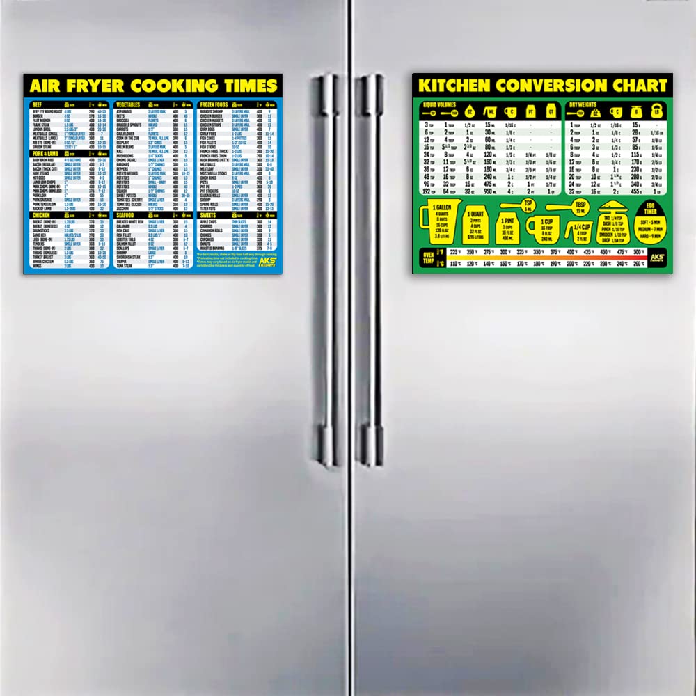 Air Fryer Cooking Times & Kitchen Conversion Chart Magnet Bundle - XL Easy Read Reference Guide for Air Frying, Baking & Recipe Conversions - Perfect for Home Chefs & Meal Prep