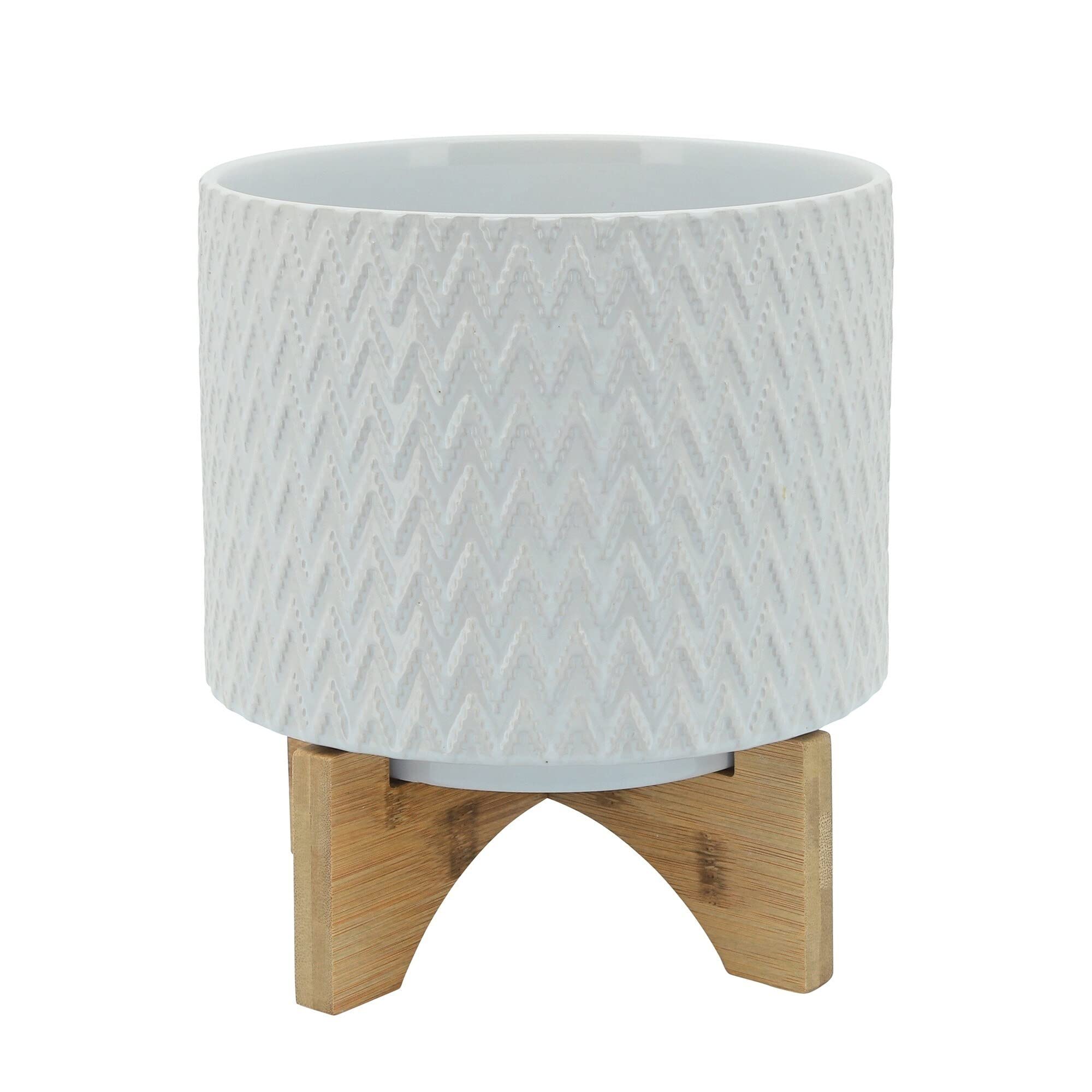 Modern White Ceramic Planter with Chevron Pattern & Wooden Stand - Small Round Contemporary Flower Pot for Home Decor, Office Desk, or Indoor Plants
