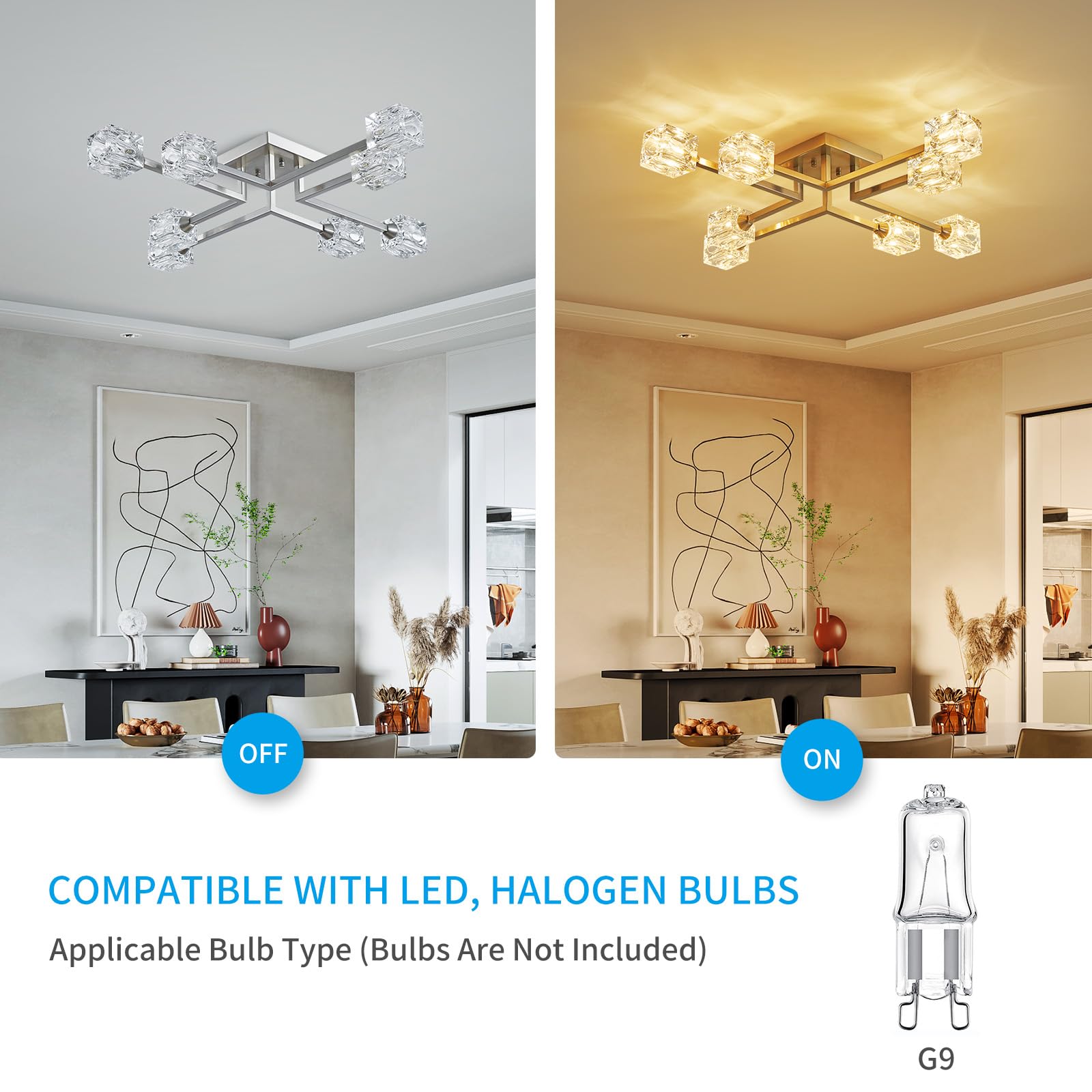XINGQI 8-Lights Modern Semi Flush Mount Ceiling Light Fixture - Brushed Nickel Sputnik Chandelier for Dining Room, Living Room, Kitchen, Bedroom & Entryway - Elegant Lighting Solution for Home Decor & Interior Design