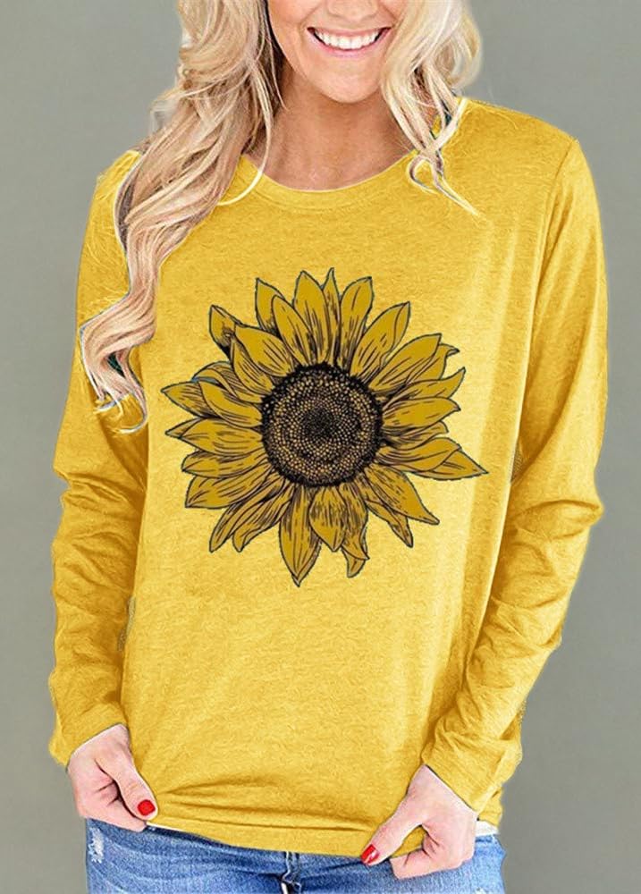 Women's Sunflower Graphic T-Shirt - Cute Funny Long Sleeve Cotton Top for Casual Wear | Perfect for Spring Outfits, Beach Vacations & Everyday Comfort