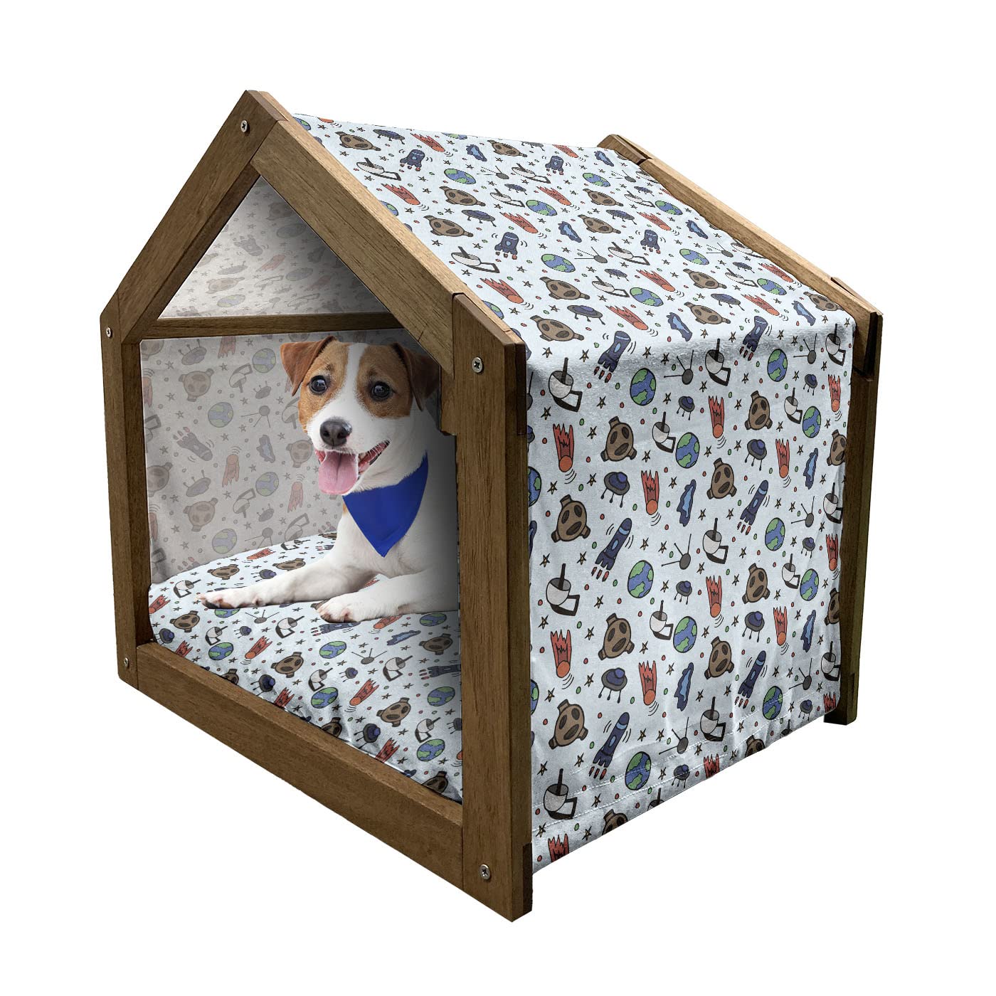 Lunarable Wooden Pet House for Small Dogs - Space Themed Doodle Rocket, UFOs, Planets, Moon, Jupiter, Stars & Nebula Cartoon Design - Indoor & Outdoor Portable Dog Kennel with Pillow & Cover - Perfect for Home, Yard, Travel & Camping - Multicolor