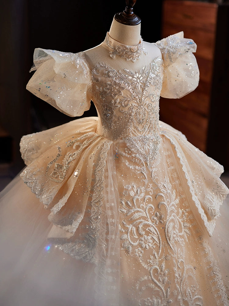 Champagne Princess Mock Neck Floor-Length Organza Flower Girl Dress for Weddings & Special Occasions - Elegant & Comfortable Formal Wear
