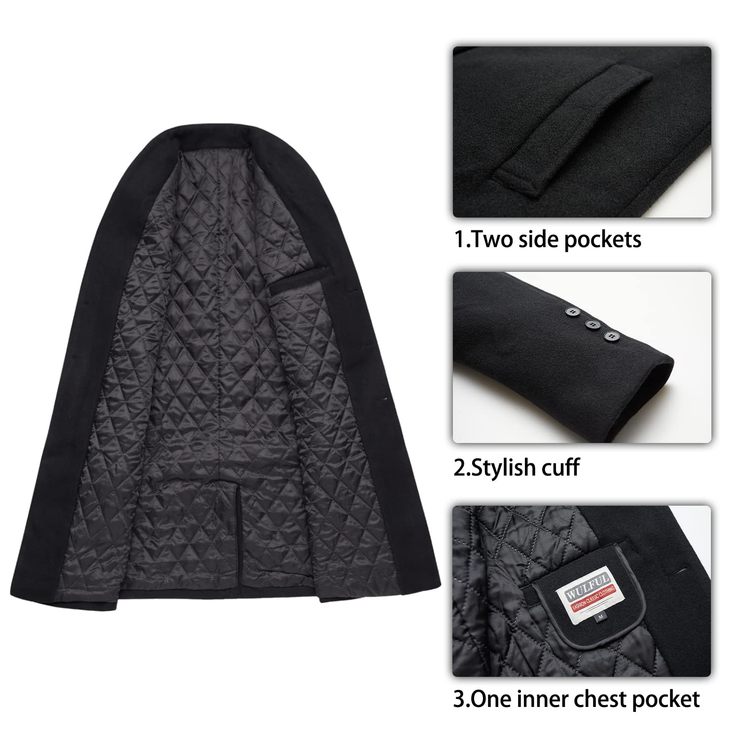 WULFUL Men's Slim Fit Wool Trench Coat - Warm Winter Overcoat for Business, Office & Formal Occasions