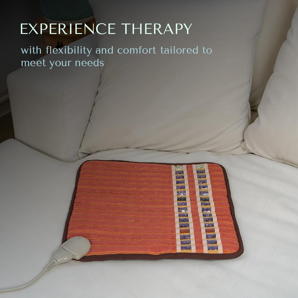 HealthyLine Small Far Infrared Electric Heating Pad for Pain Relief - Tourmaline, Amethyst & Obsidian Gemstone Therapy with Negative Ions - Auto Shut Off - 18