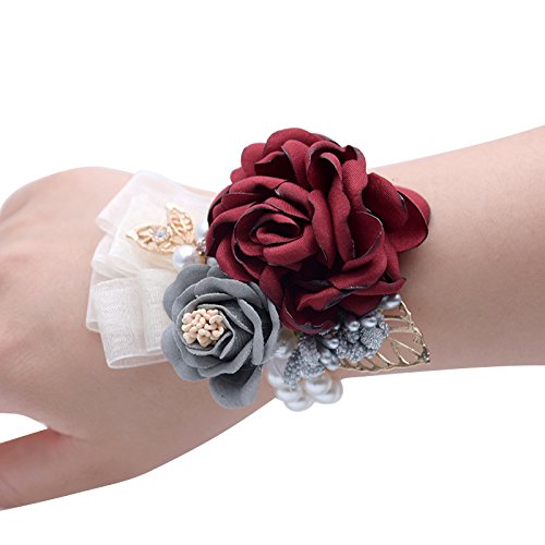 E-burgundy and Grey Wrist Corsage*2 Pcs
