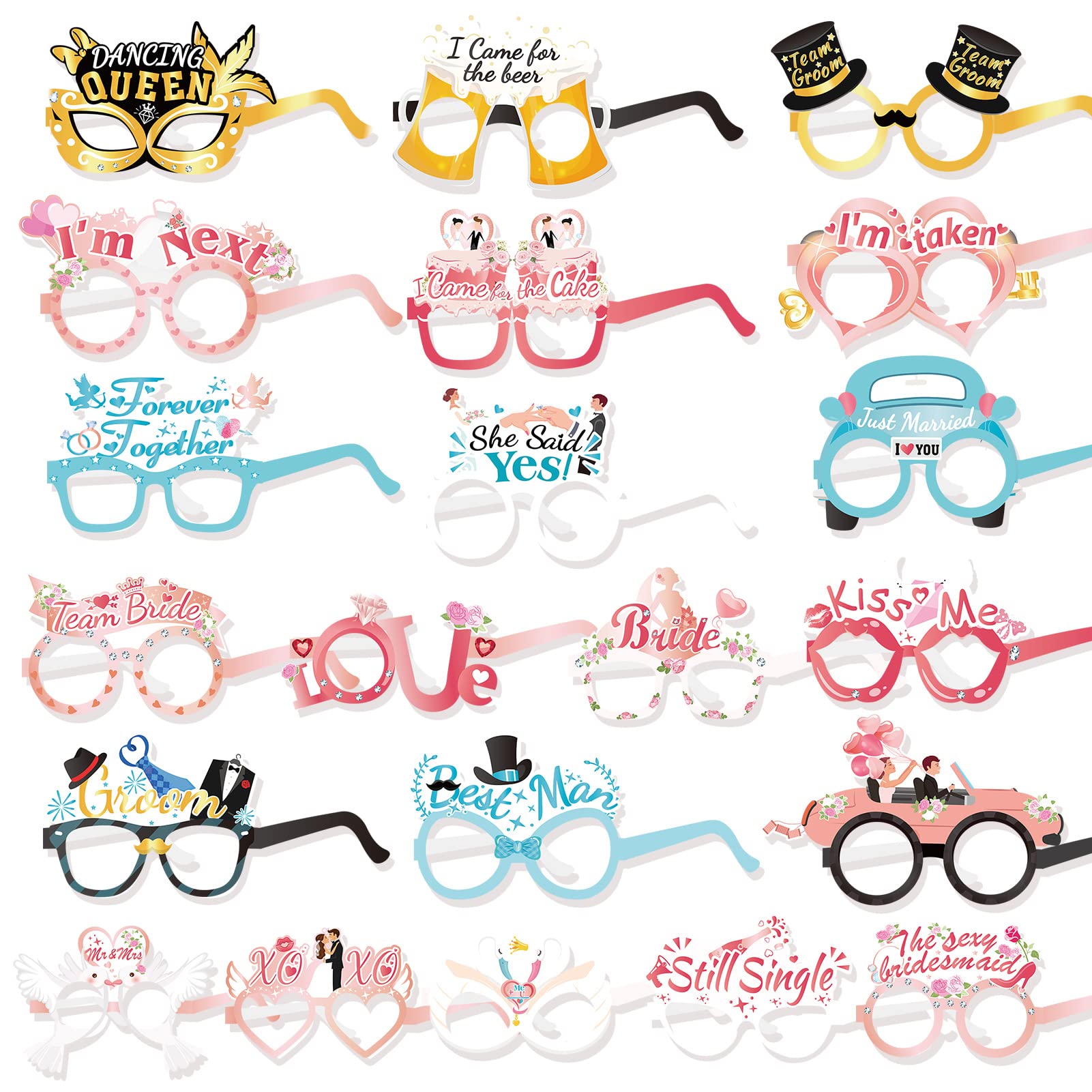 21-Piece Wedding Party Eyeglasses Set - Fun Photo Booth Props for Bridal Showers, Bachelorette Parties & Team Bride Costume Decorations - Mr & Mrs Themed Paper Glasses for Engagement Celebrations (Perfect for Instagram-Worthy Wedding Photos & Themed Events)