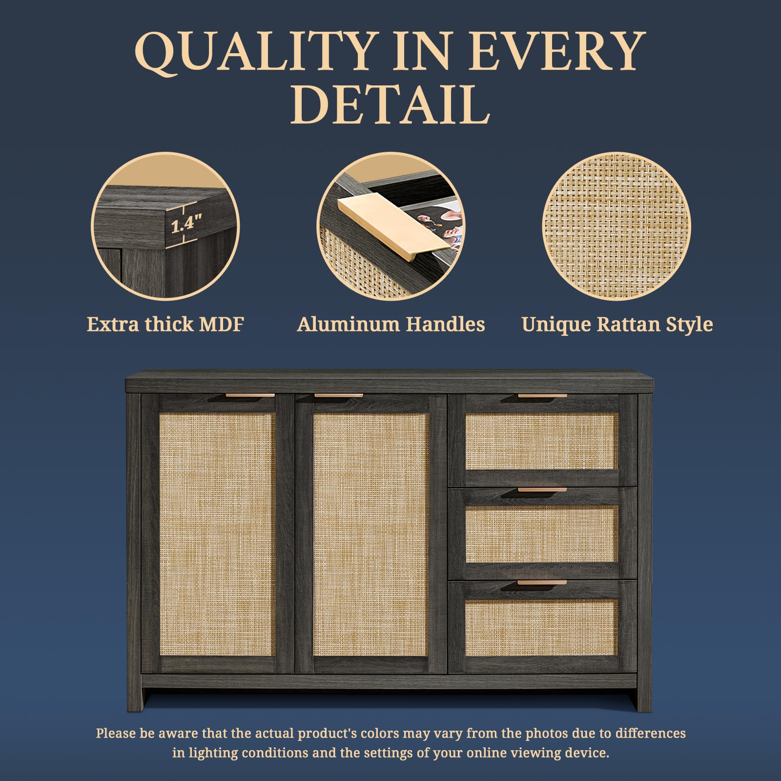 Midnight Oak Rattan Sideboard Cabinet - 3 Drawers & 2 Doors Kitchen Storage Organizer, Buffet Console Table for Dining Room, Hallway, Living Room & Bar - Perfect for Entertaining Guests & Home Organization