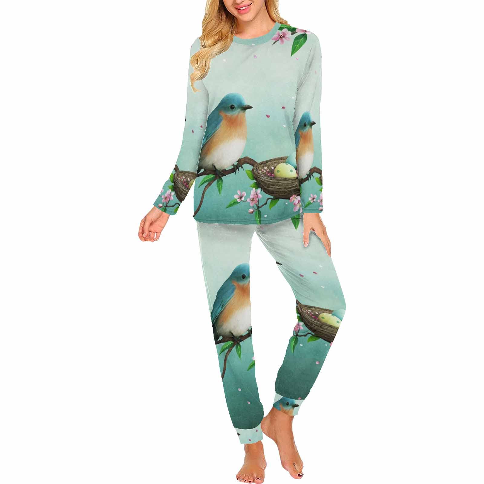 InterestPrint Women's Easter Blue Birds and Eggs in Nest 2-Piece Sleep Shirt Lounge Set - Soft Pajama & Sweatsuit for Cozy Nights, Relaxing at Home, and Holiday Gift Giving