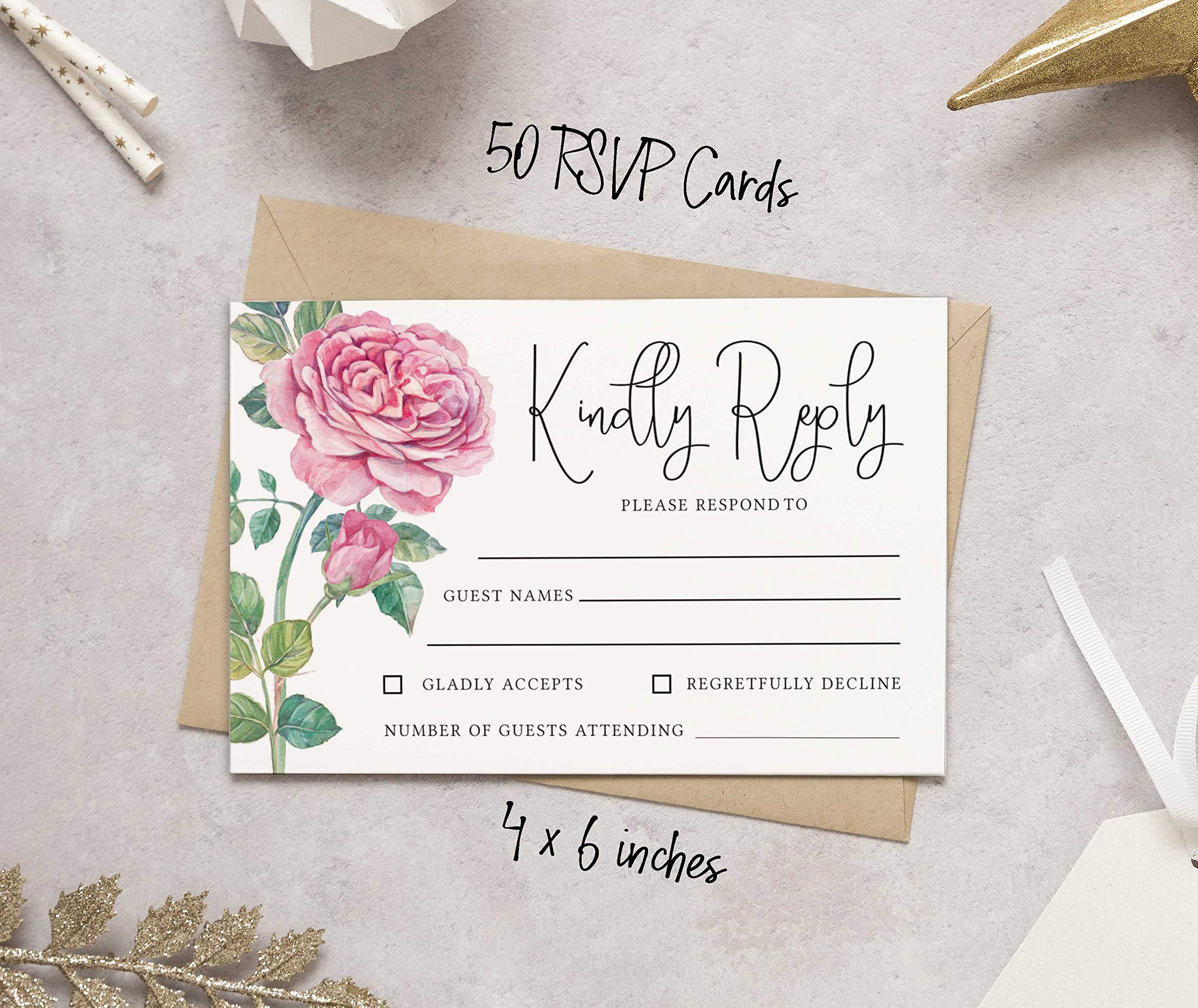 50 Floral RSVP Cards with White Envelopes - Elegant Wedding Response Cards for Invitations - Perfect for Weddings, Rehearsal Dinners, Baby Showers & Bridal Showers - Great for Engagement Parties & Special Events