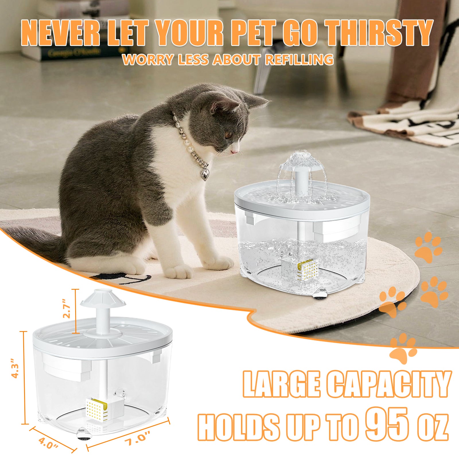 2.8L/95oz Automatic Pet Water Fountain - BPA-Free Electric Drinking Bowl for Cats & Dogs - Ideal for Home, Office, or Travel Use