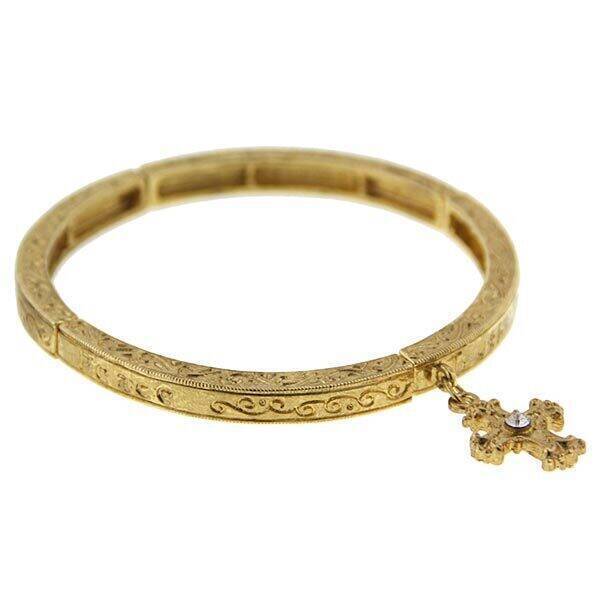 1928 Jewelry Gold Plated Cross with Crystal Stretch Bracelet - Elegant Religious Jewelry for Women, Perfect for Church, Weddings & Everyday Wear