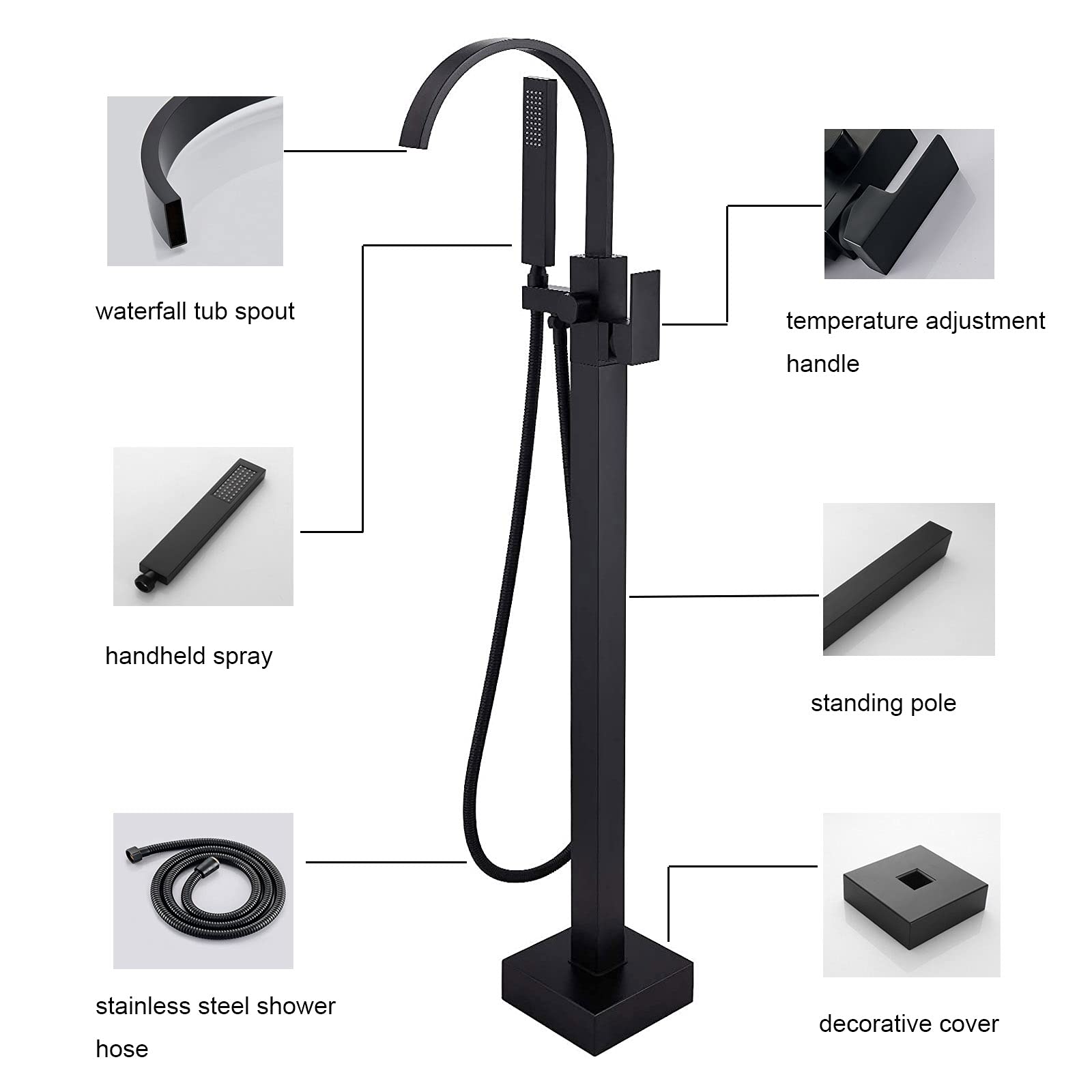 Matte Black Floor Mount Bathtub Faucet with Handheld Shower Mixer Tap - Premium Tub Filler & Shower Faucet Combo for Modern Bathroom Renovation | Perfect for Spa-Like Experience and Luxury Bathing