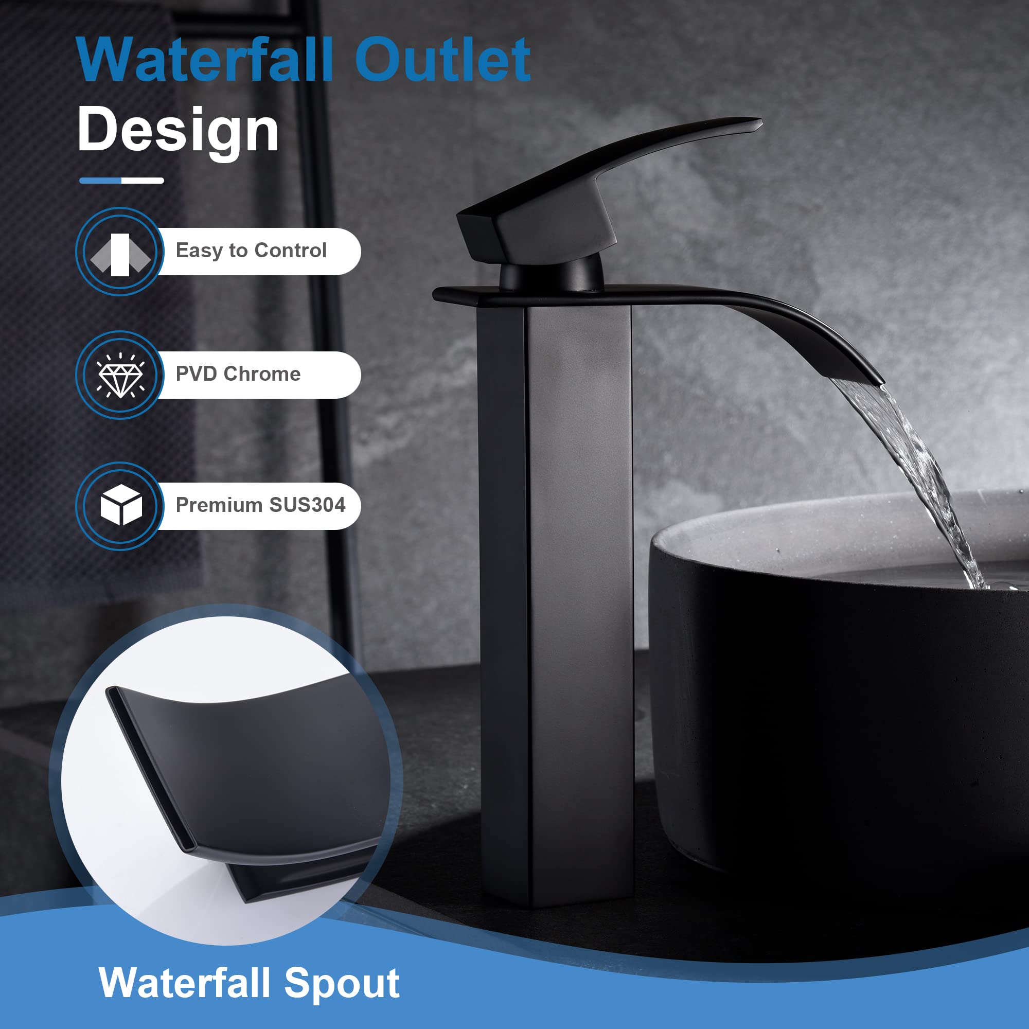 PHICHI Matte Black Tall Vessel Sink Faucet with Pop-up Drain - Single Hole Bathroom Faucet for Wash Basin - Premium Stainless Steel Design - Perfect for Modern Vanities, Luxury Bathrooms & Spa Retreats